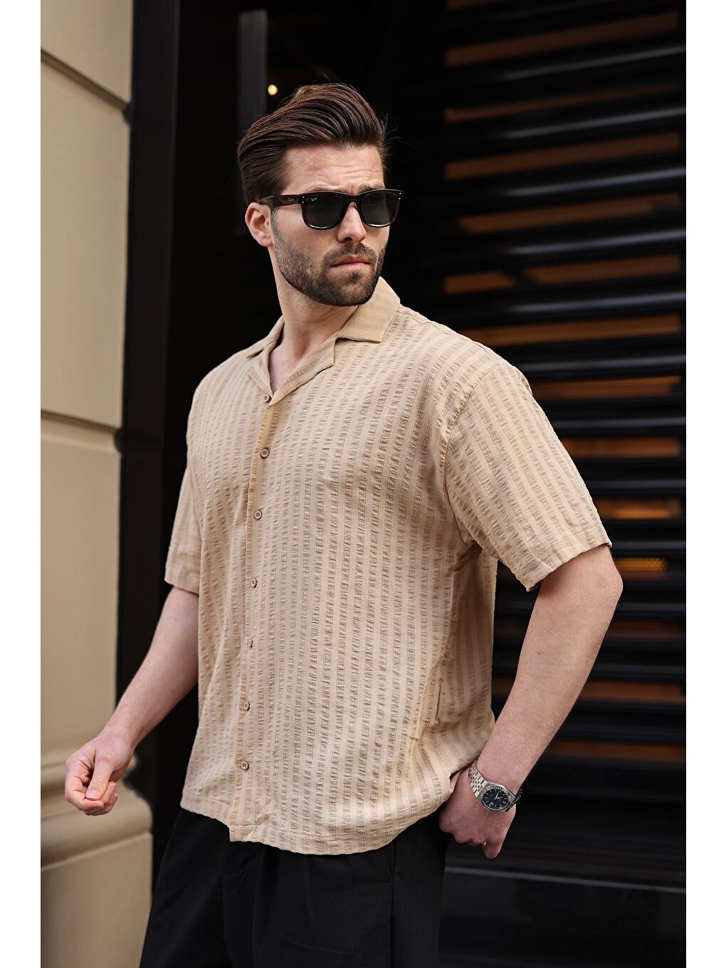 Bej Gofre Kumaş Erkek Gömlek E6772-2