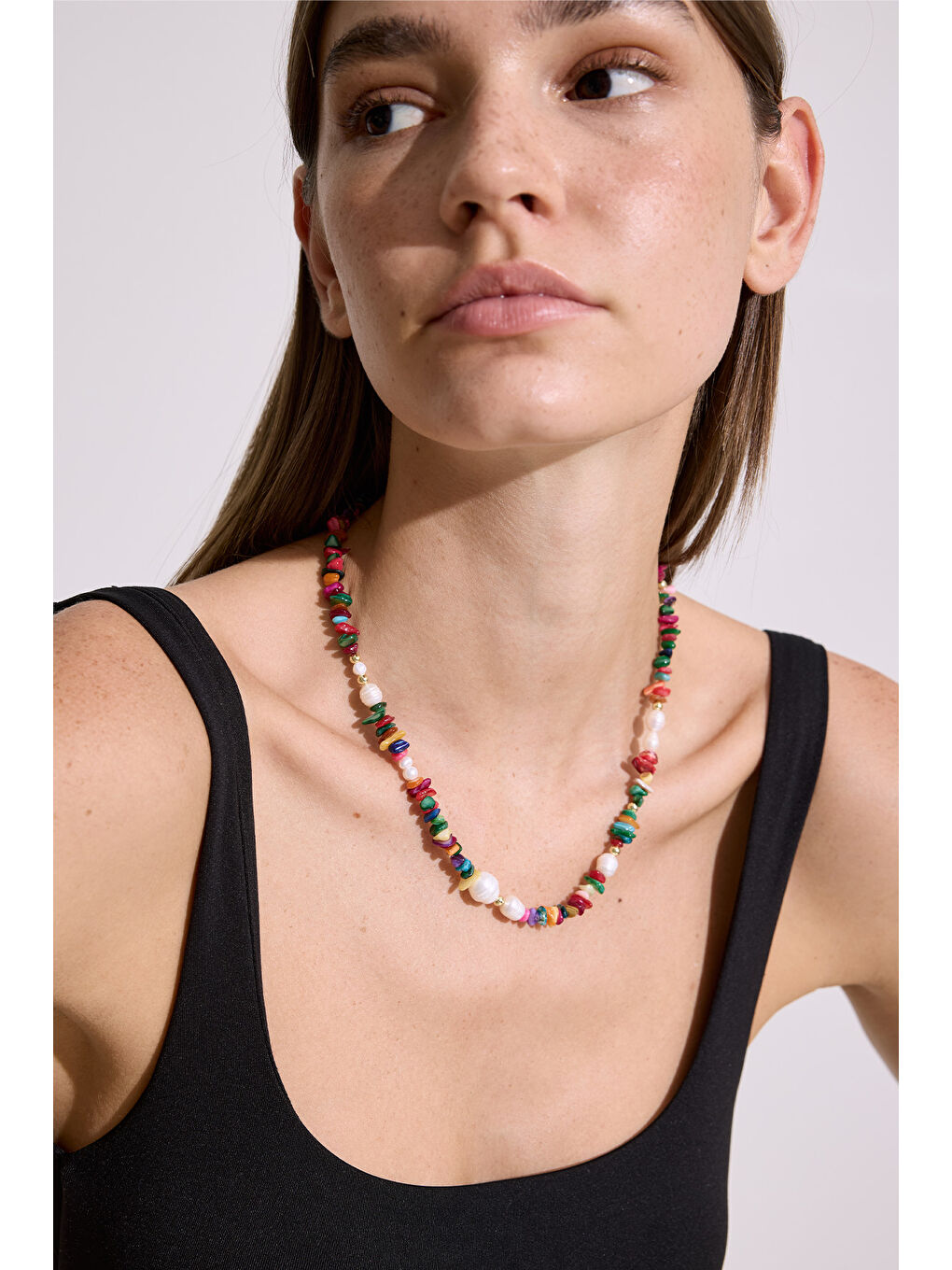 Beyaz Hueglow Renkli Taşlı Tamtur Kolye Standart-1