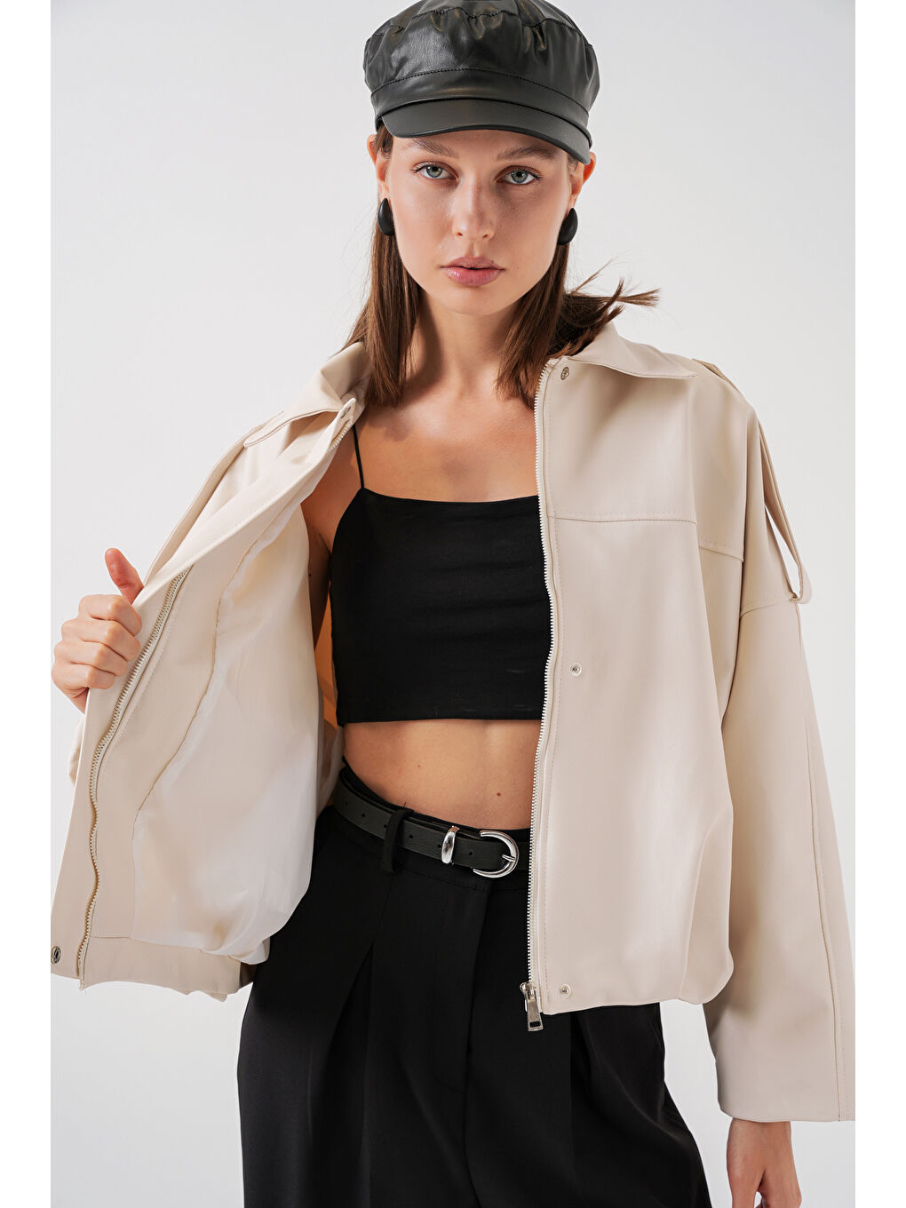 Kadın Oversize Deri Ceket 1055 - Ekru-3