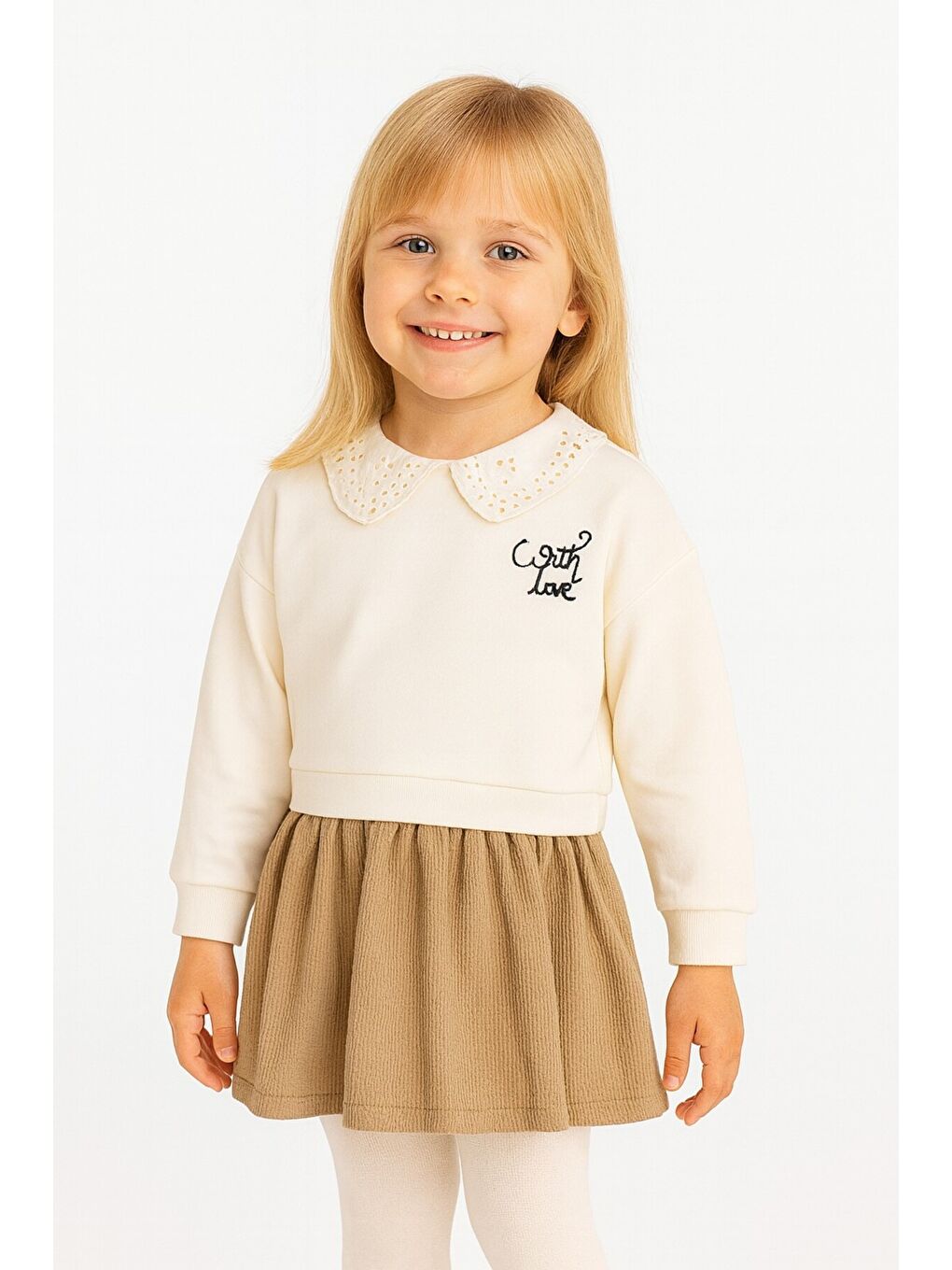 Haki Kız Çocuk Trend Tasarım Yakalı Premium Sweatshirt Elbise