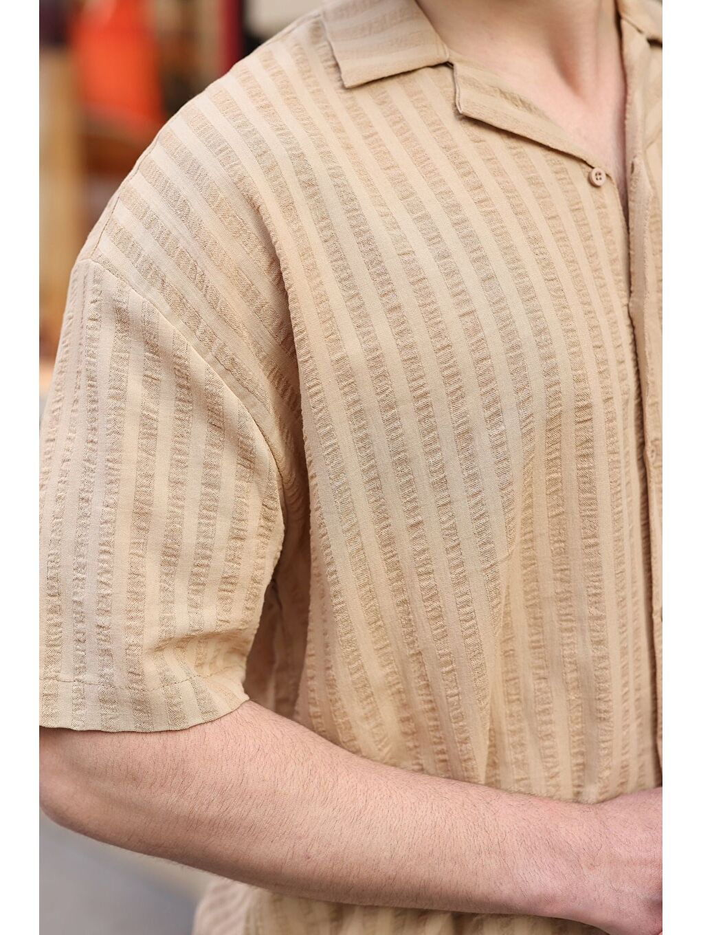 Bej Gofre Kumaş Erkek Gömlek E6772-4