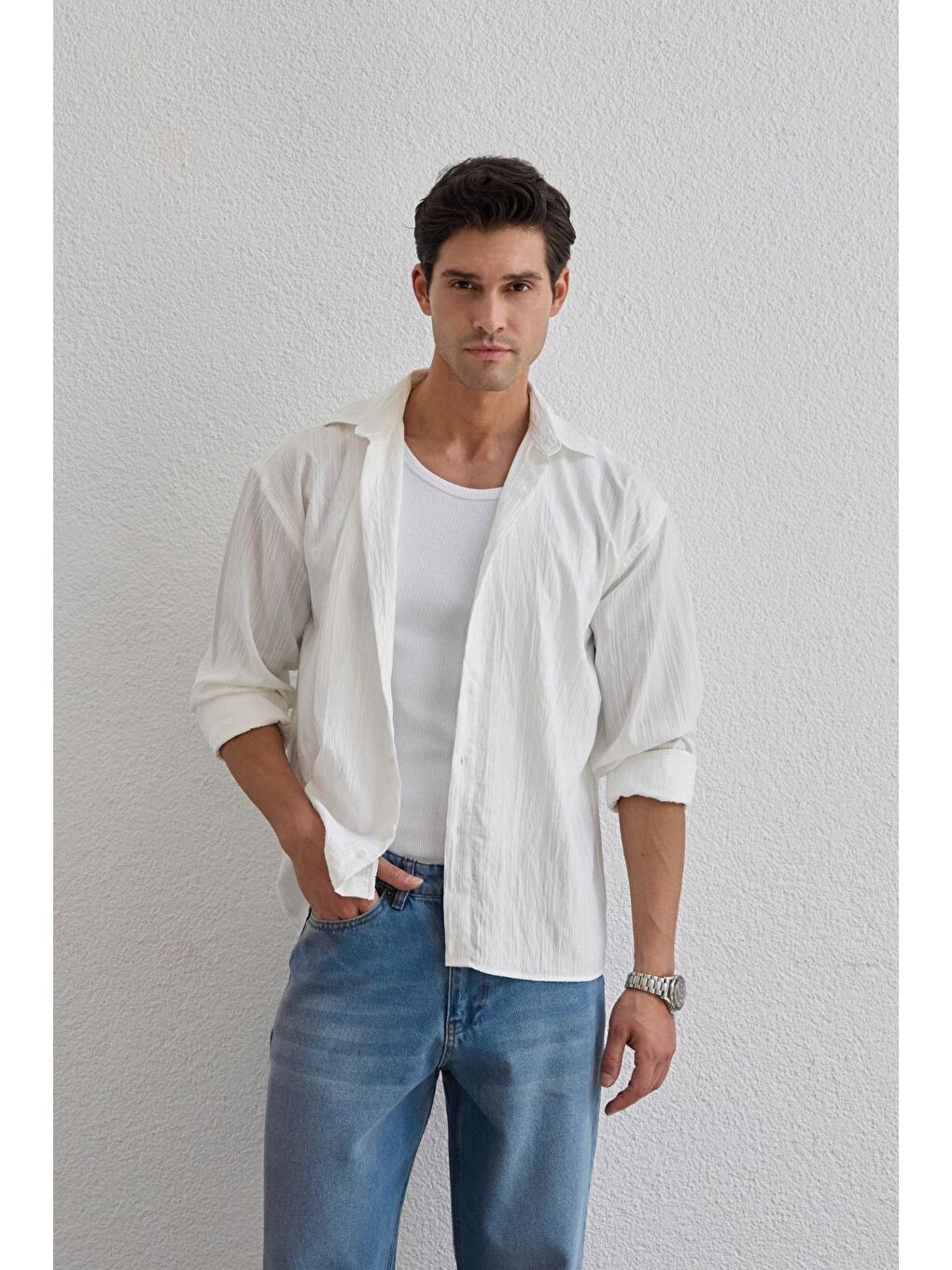 Beyaz Tugur Erkek Çizgili Oversize Premium Gömlek Soft Touch Refined Comfort