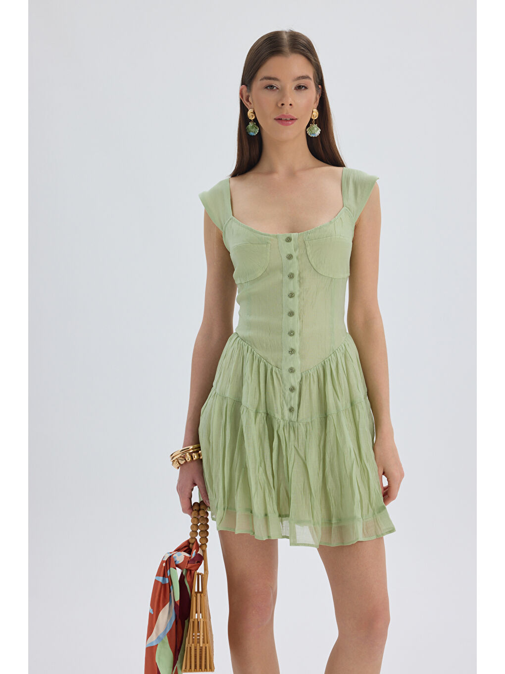 Serena Düğmeli Yeşil Mini Elbise-5