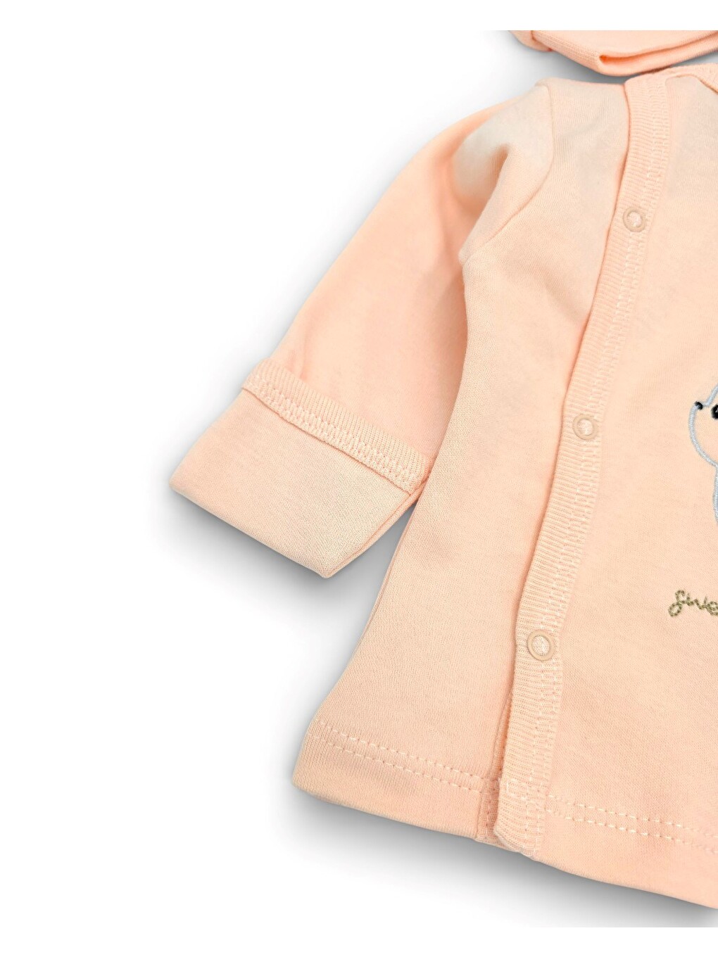 Pembe Kız Bebek %100 Pamuklu Kedi Ve Kalp Detaylı Şapkalı, Kendinden Eldivenli 3'lü Zıbın Takımı-2