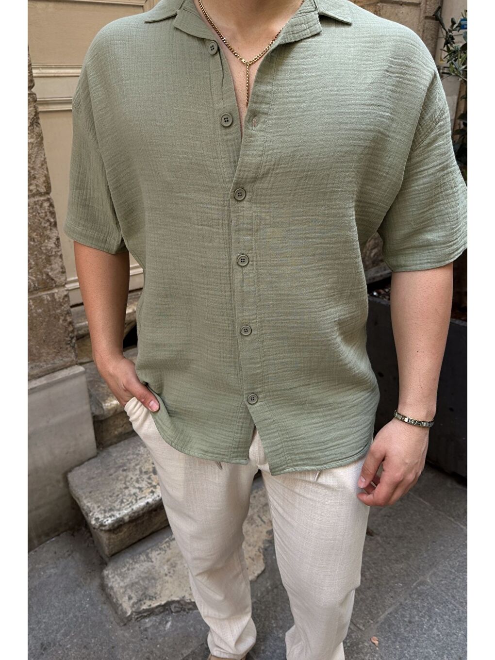 Yeşil Nebel Erkek Yazlık Pamuk Gömlek Apaş Yaka Kısa Kollu, Düğmeli, Rahat Kalıp-1