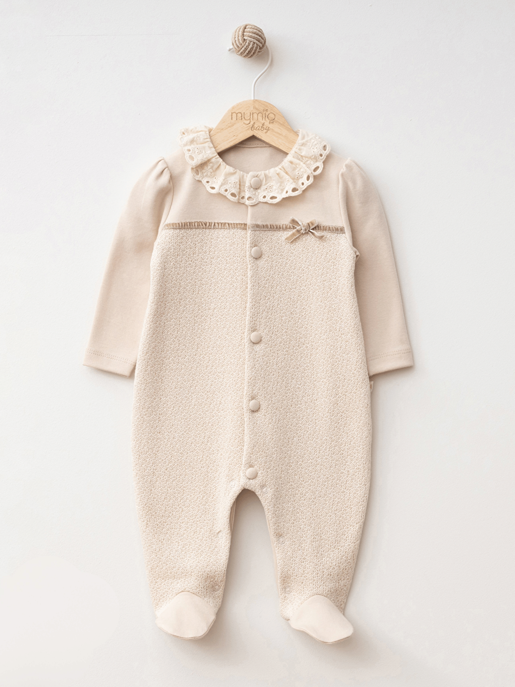 Kahverengi Bisiklet Yaka Uzun Kollu Dantel Detaylı Kız Bebek Tulum