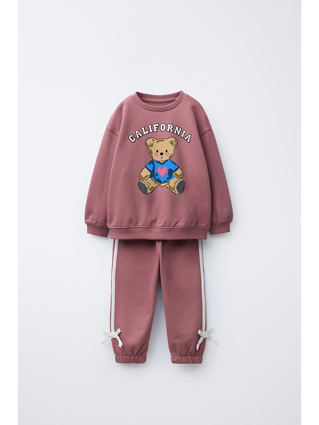 Kız Çocuk Pamuklu Ayıcık Baskılı Sweatshirt Eşofman Alt-Üst Takım - Pembe