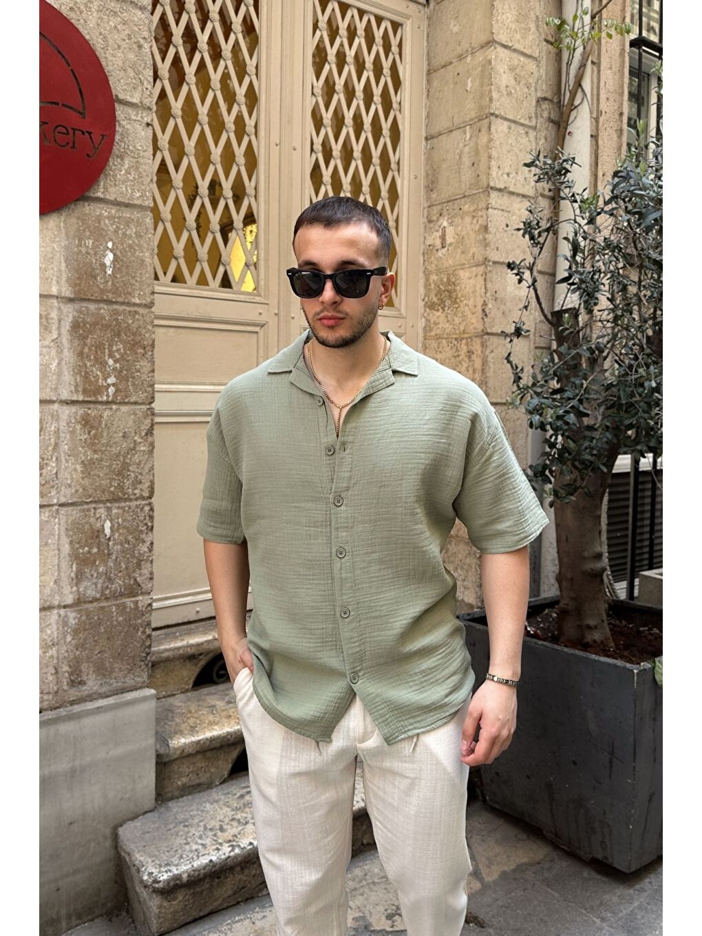 Yeşil Nebel Erkek Yazlık Pamuk Gömlek Apaş Yaka Kısa Kollu, Düğmeli, Rahat Kalıp-2