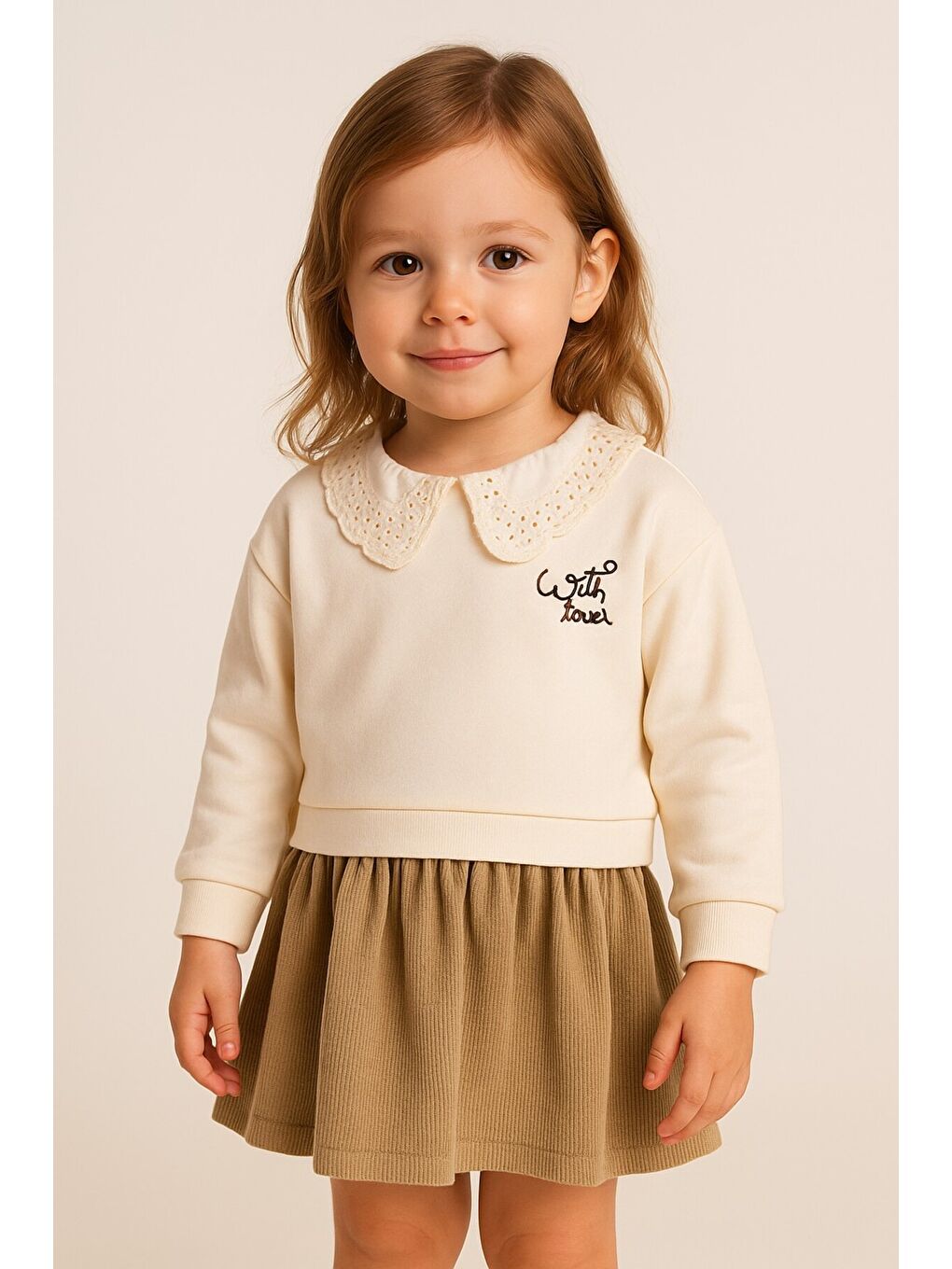 Haki Kız Çocuk Trend Tasarım Yakalı Premium Sweatshirt Elbise-1