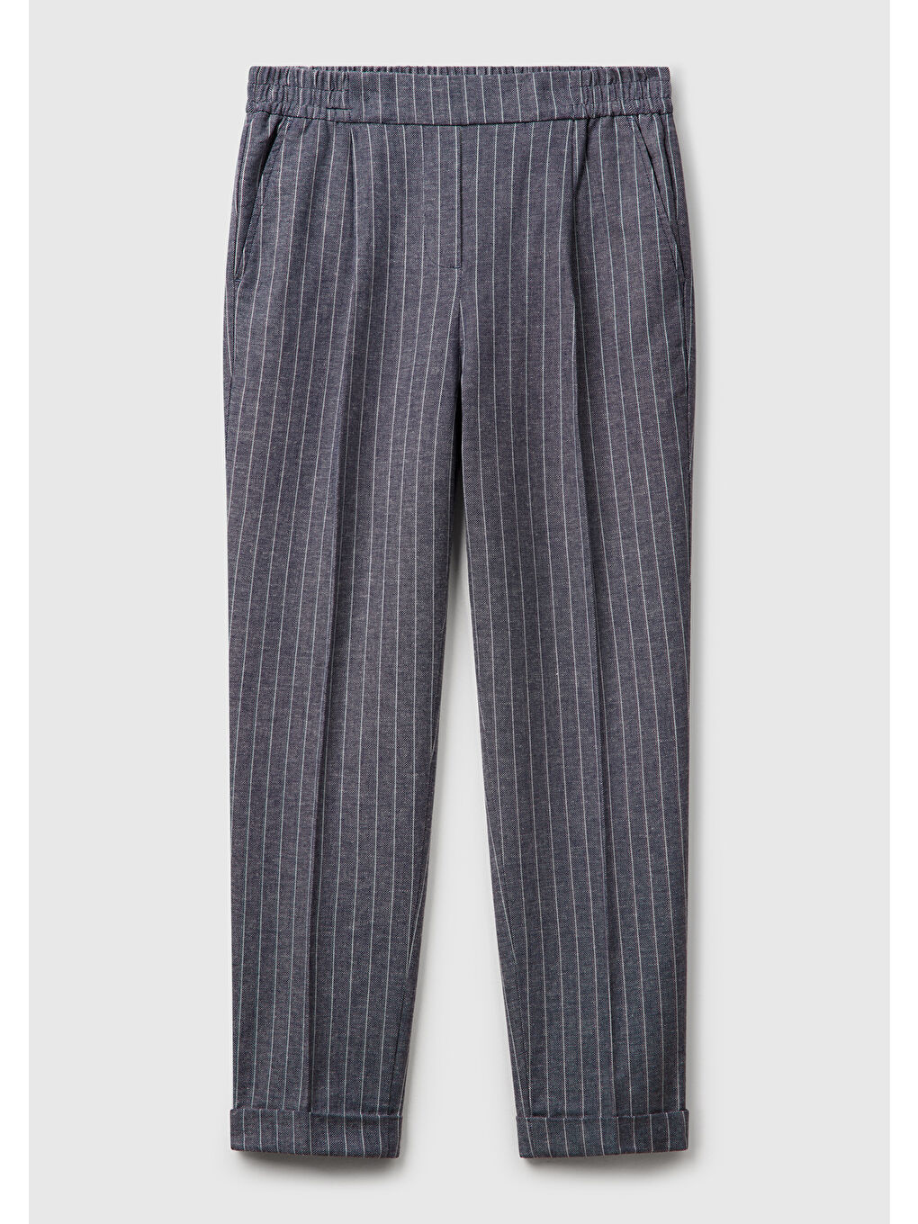 Kadın Lacivert Pamuk ve Keten Karışımlı İnce Çizgili Regular Fit Pantolon-1