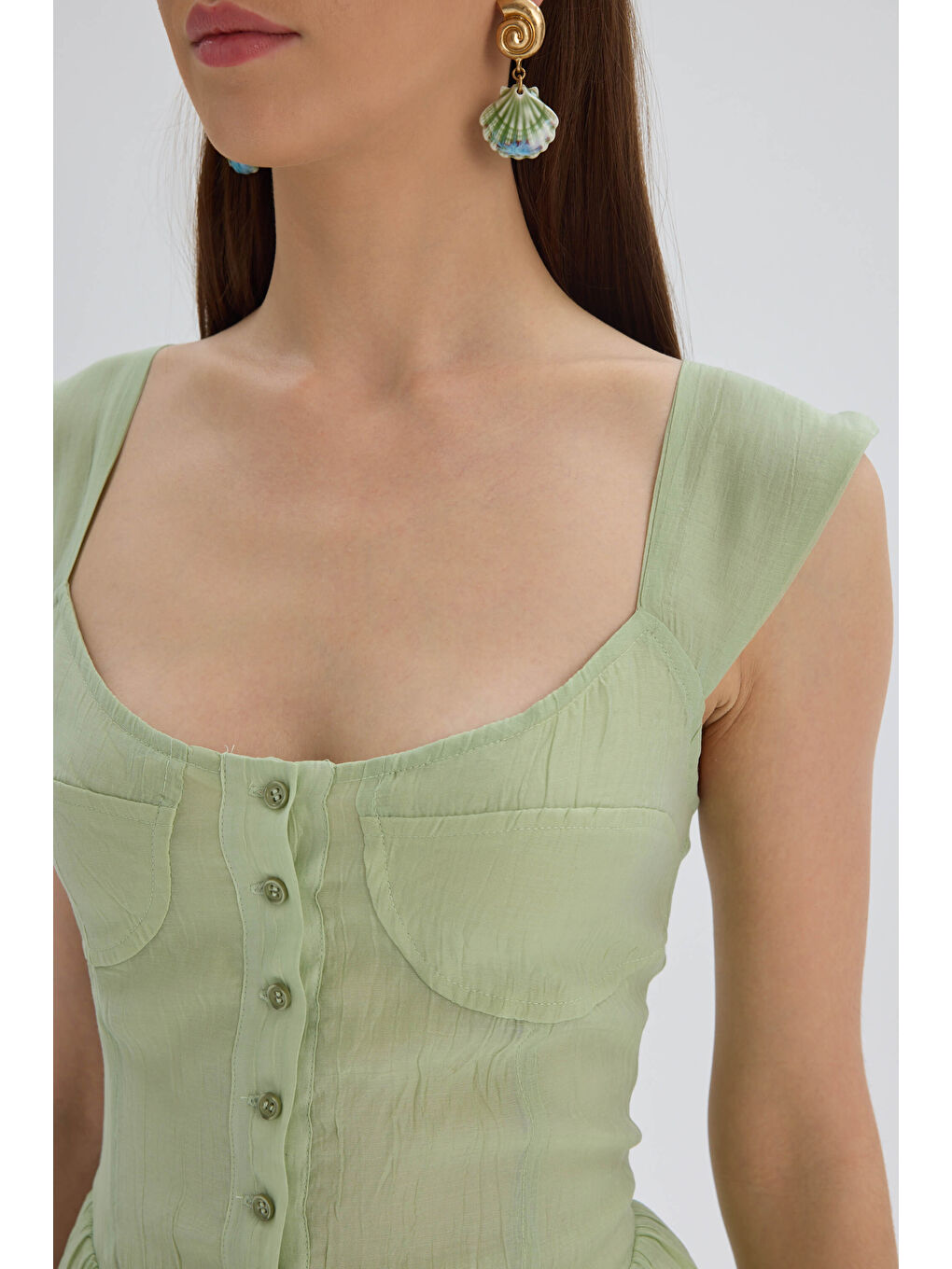 Serena Düğmeli Yeşil Mini Elbise-7