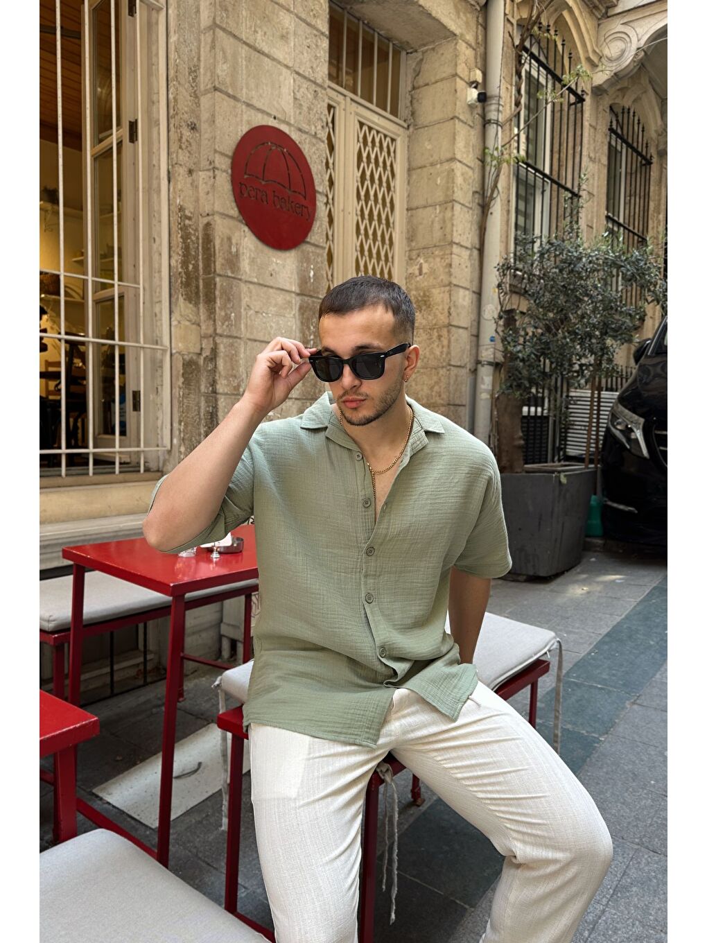 Yeşil Nebel Erkek Yazlık Pamuk Gömlek Apaş Yaka Kısa Kollu, Düğmeli, Rahat Kalıp-3