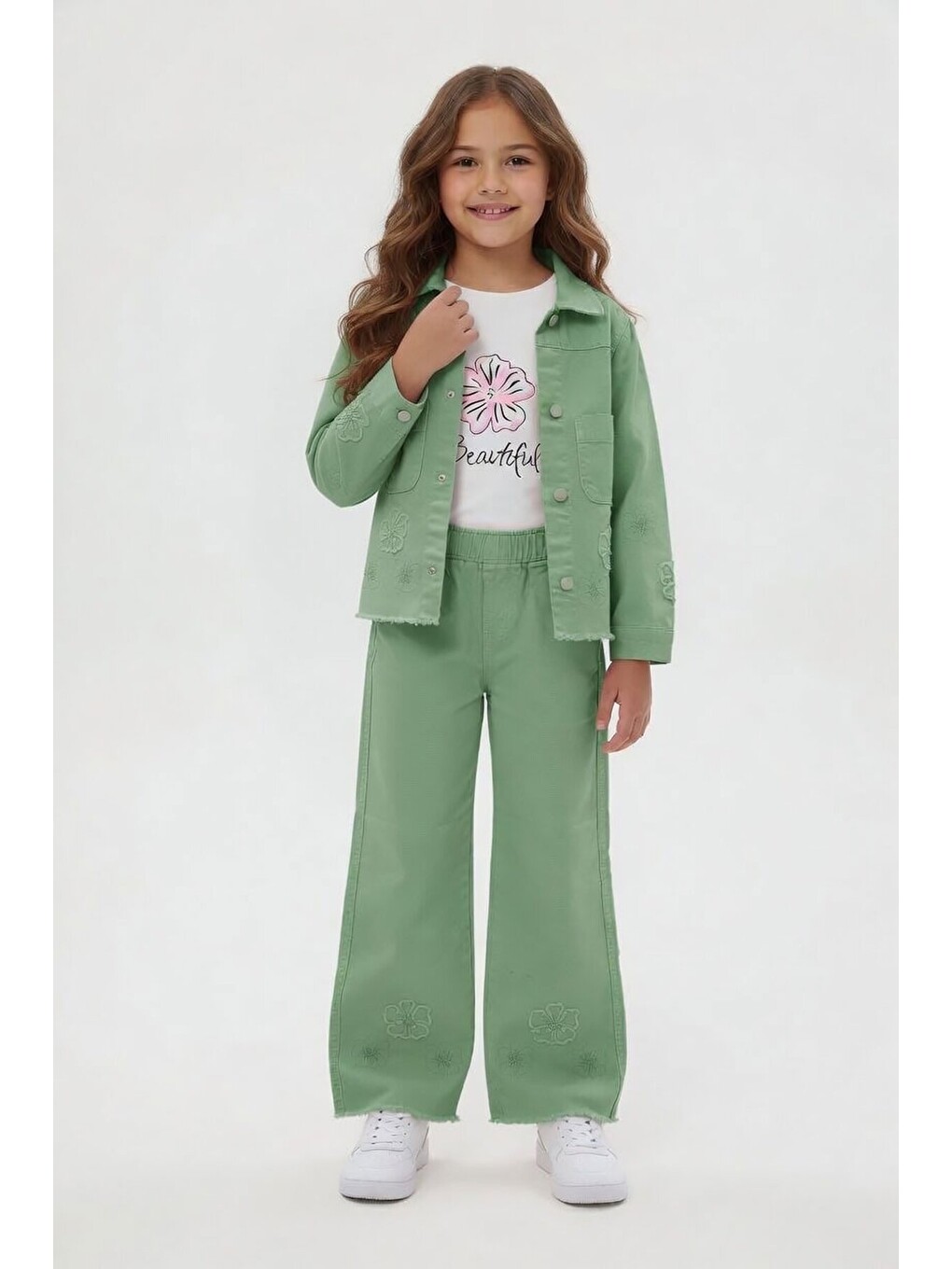 Yeşil Çiçek Nakışlı Ceketli Geniş Paça Pantolonlu Kız Çocuk 3lü Takım 24116-2
