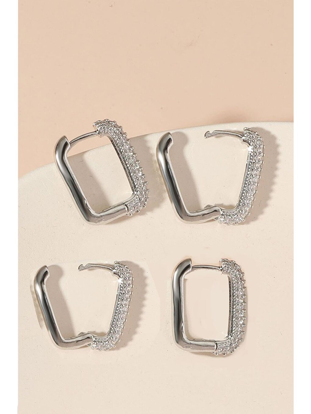 Gri Gömme Taşlı Dikdörtgen Sıralı Boy Küpe Seti- 4 Adet-4