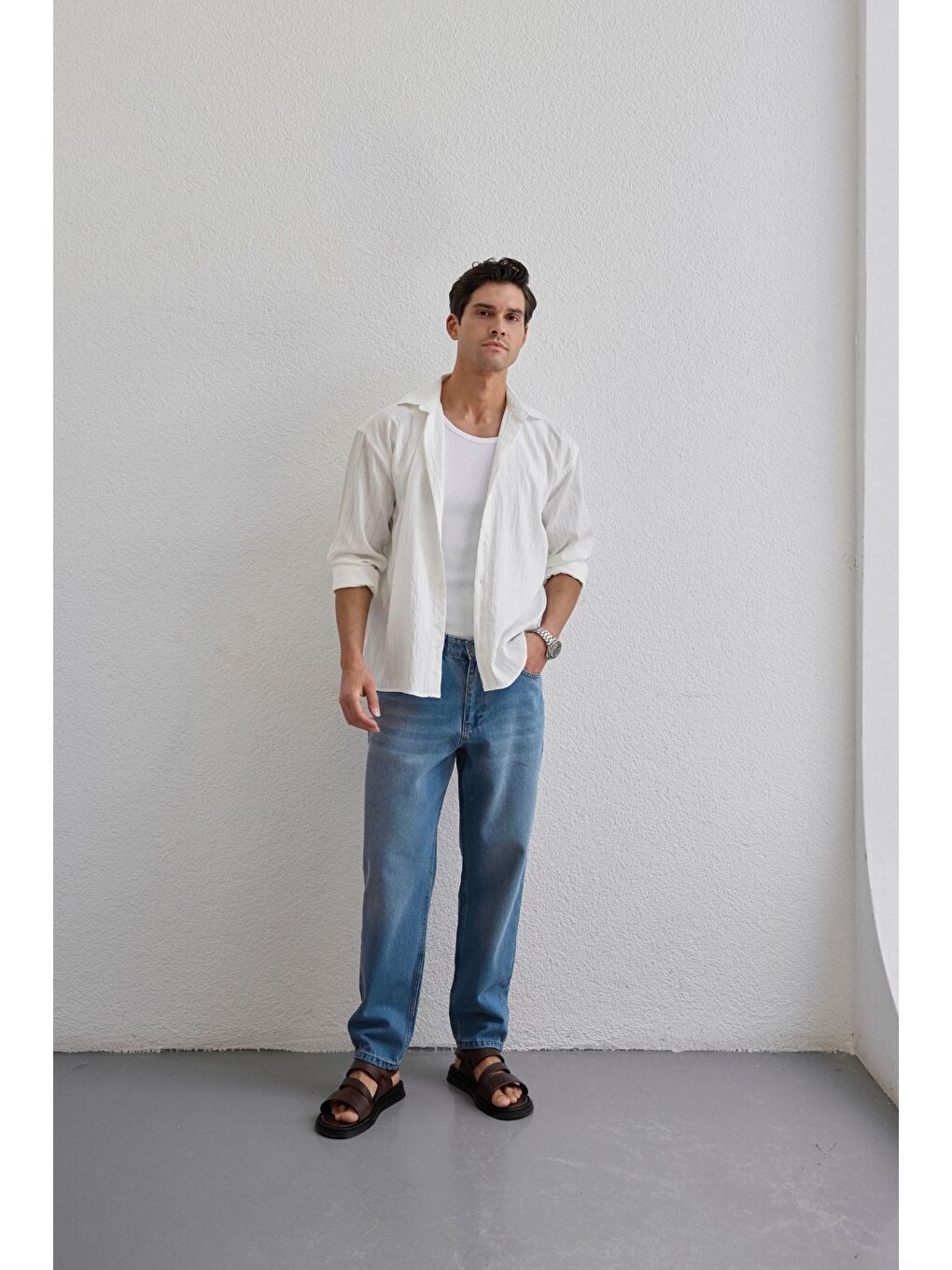 Beyaz Tugur Erkek Çizgili Oversize Premium Gömlek Soft Touch Refined Comfort-3