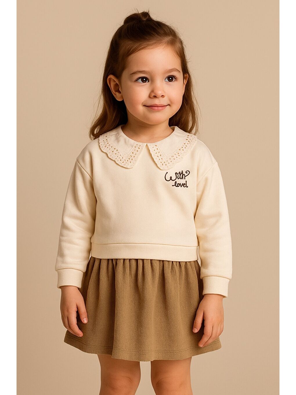 Haki Kız Çocuk Trend Tasarım Yakalı Premium Sweatshirt Elbise-2