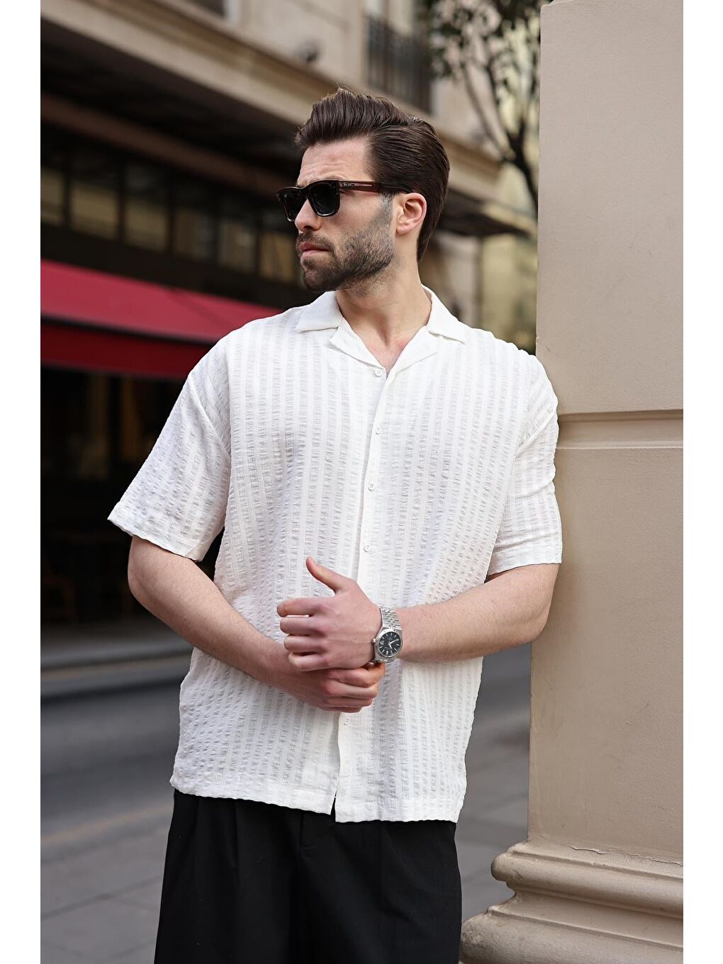 Beyaz Gofre Kumaş Erkek Gömlek E6772-4