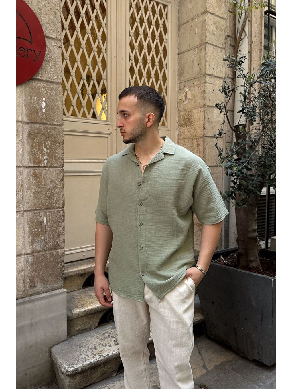 Yeşil Nebel Erkek Yazlık Pamuk Gömlek Apaş Yaka Kısa Kollu, Düğmeli, Rahat Kalıp-4