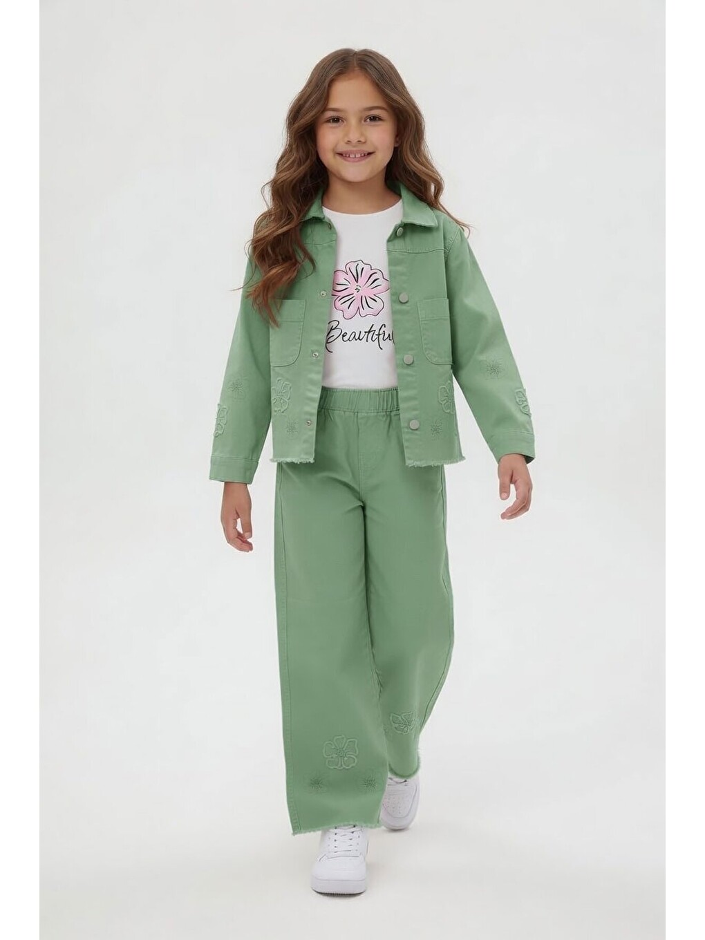 Yeşil Çiçek Nakışlı Ceketli Geniş Paça Pantolonlu Kız Çocuk 3lü Takım 24116-3