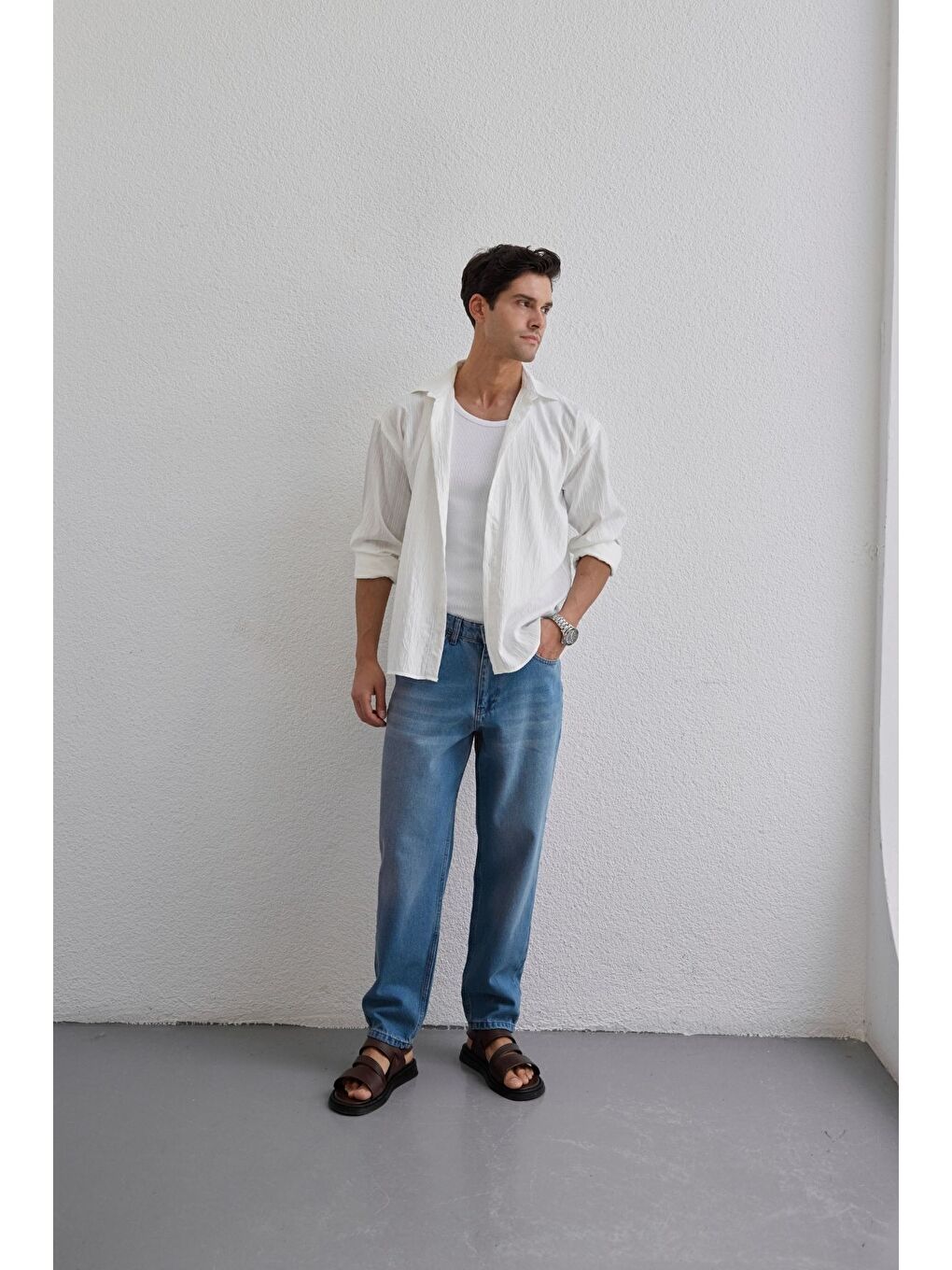 Beyaz Tugur Erkek Çizgili Oversize Premium Gömlek Soft Touch Refined Comfort-4