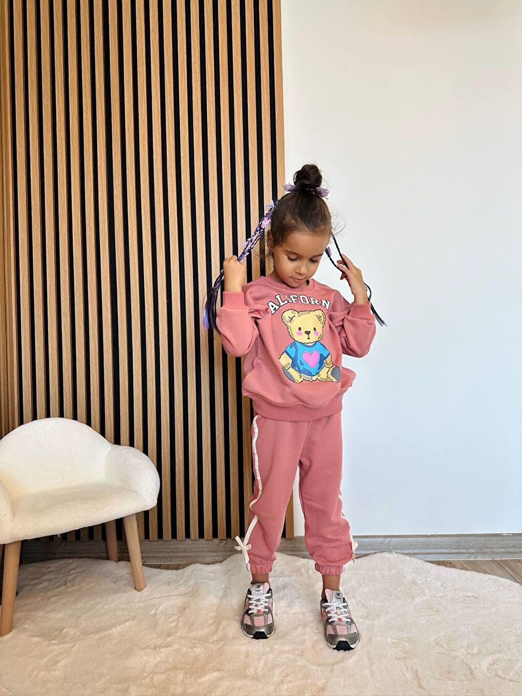 Kız Çocuk Pamuklu Ayıcık Baskılı Sweatshirt Eşofman Alt-Üst Takım - Pembe-1