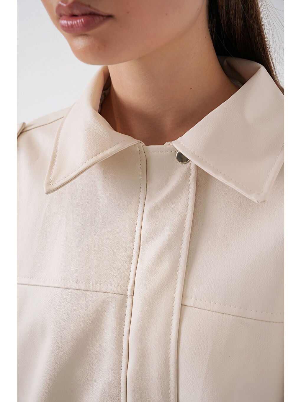 Kadın Oversize Deri Ceket 1055 - Ekru-5