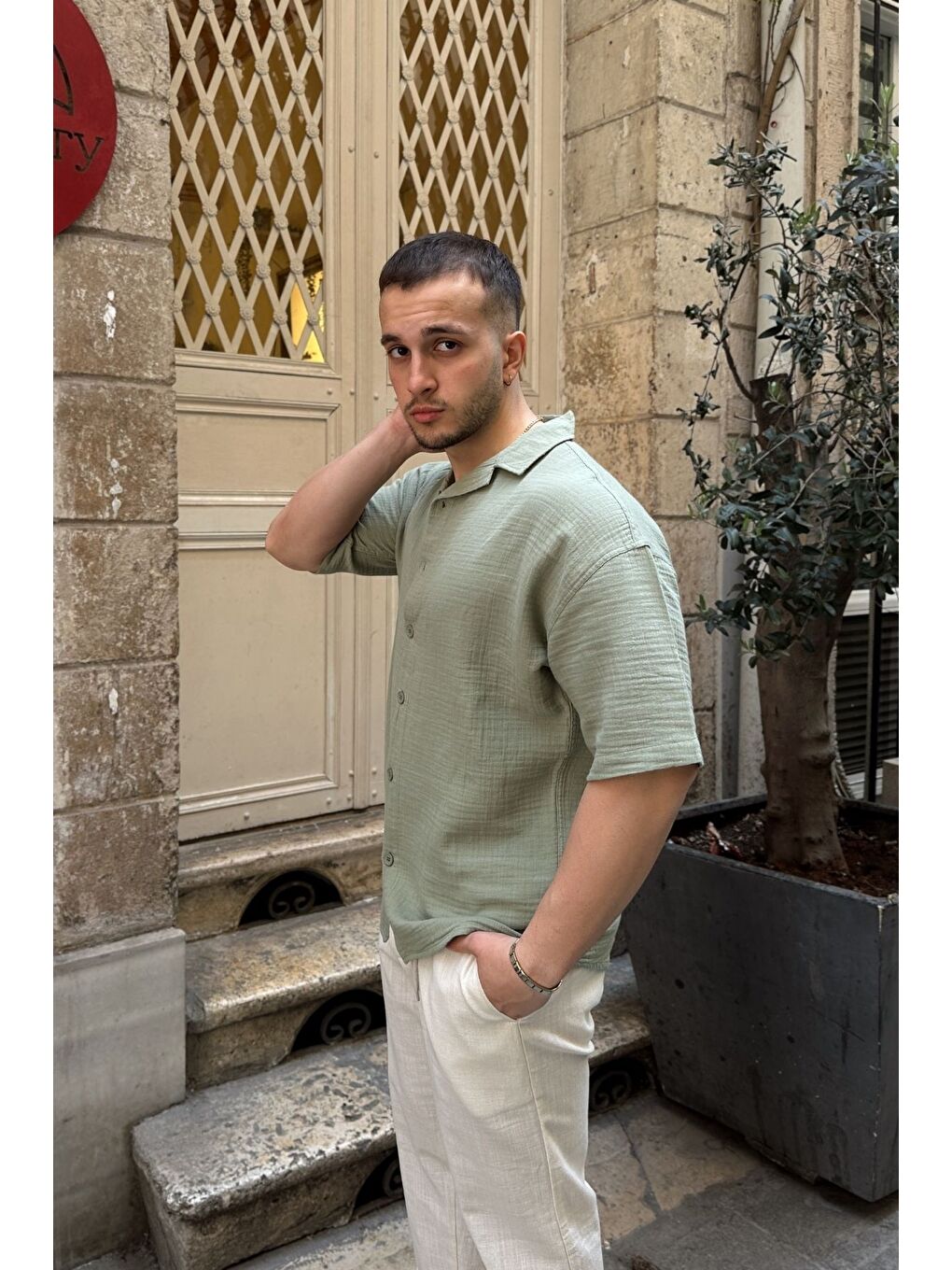 Yeşil Nebel Erkek Yazlık Pamuk Gömlek Apaş Yaka Kısa Kollu, Düğmeli, Rahat Kalıp-5