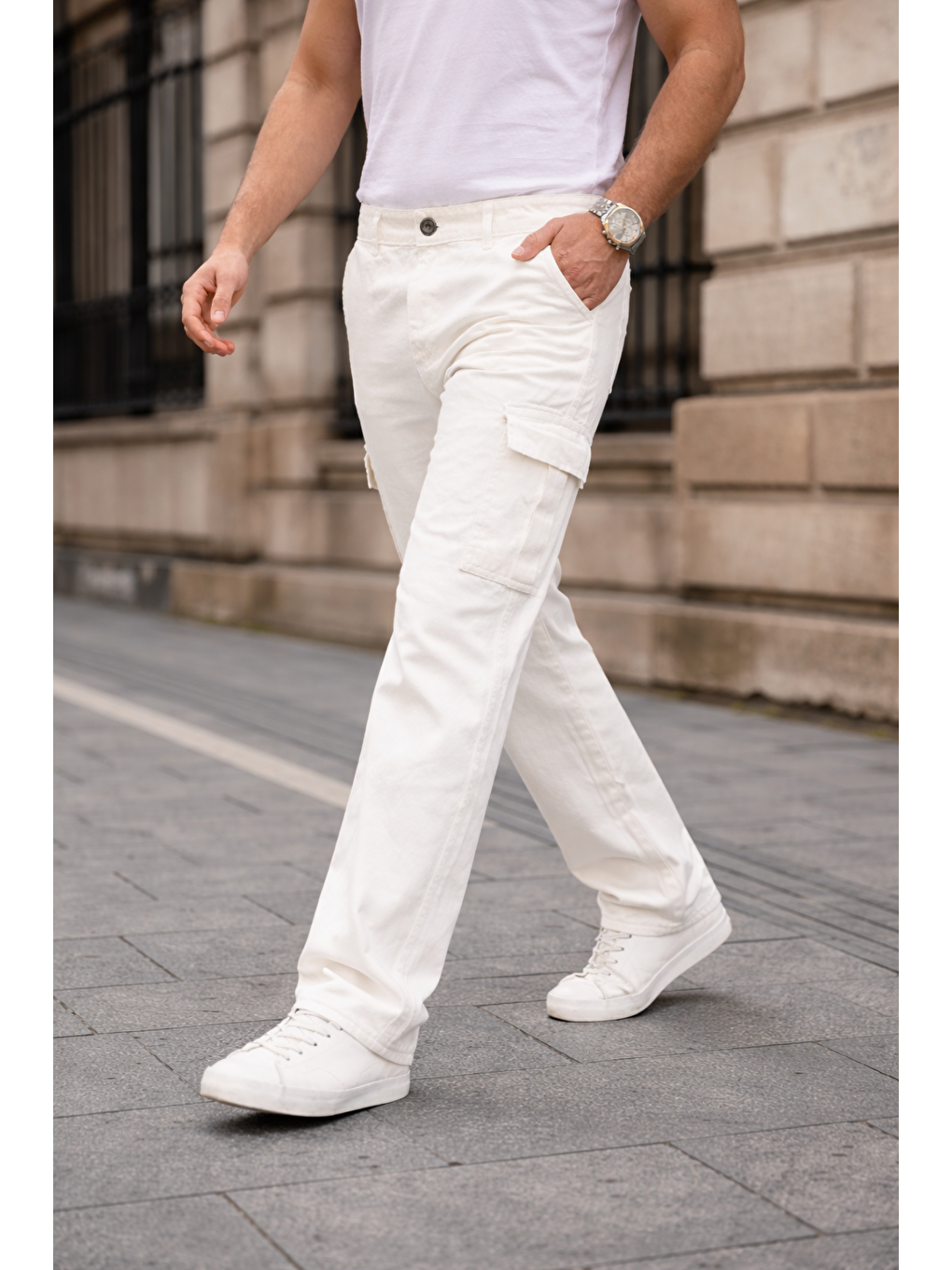 Erkek Kargo Cepli Pamuklu Beyaz Baggy Pantolon-1