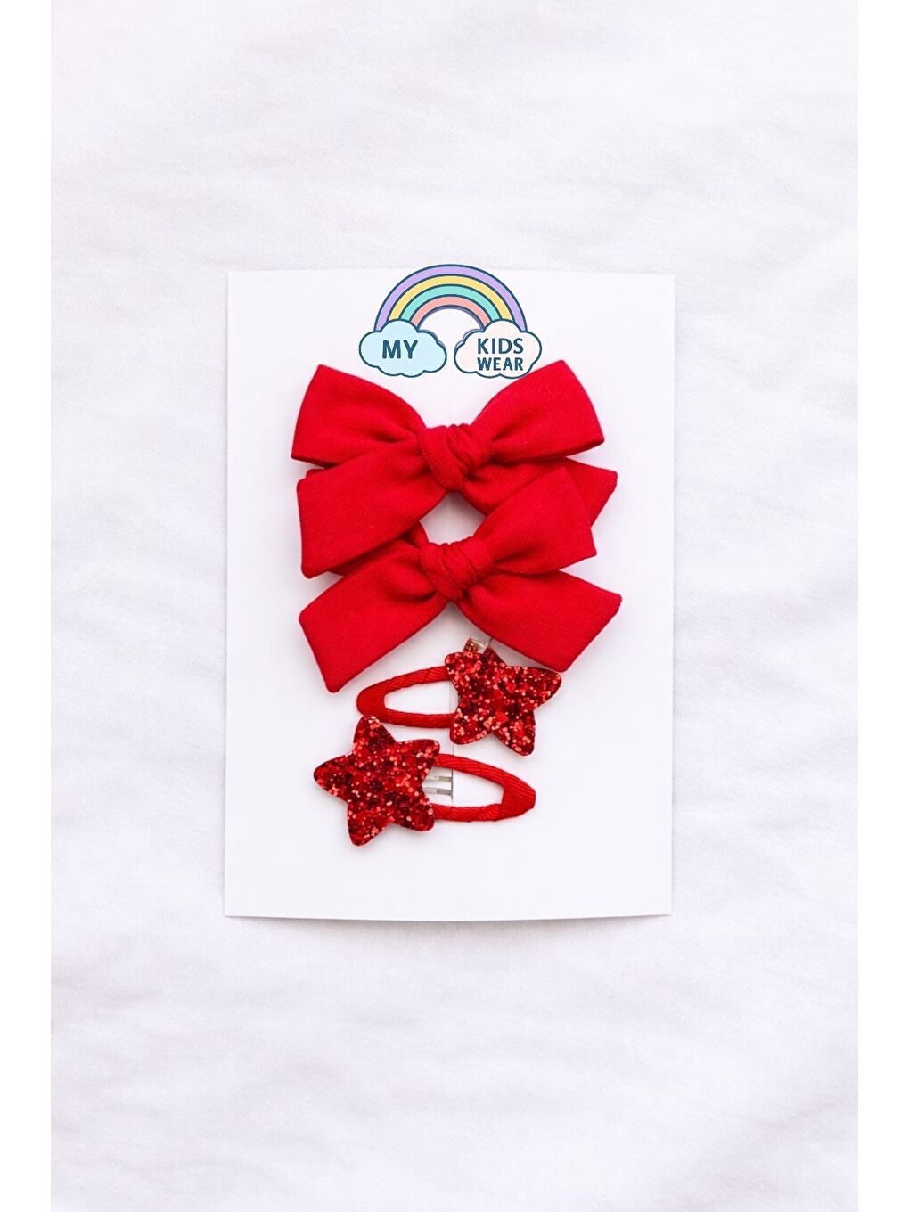 Kız Çocuk El Yapımı Kırmızı Fiyonk & Simli Yıldız Kız Çocuk Toka Seti (4’lü) 12366