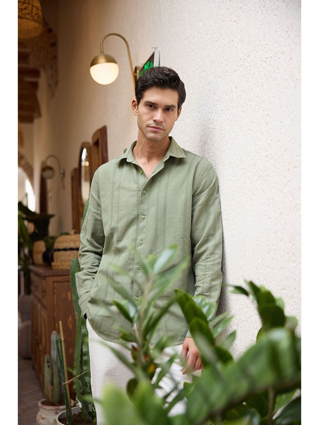 Yeşil Yuji Kendinden Desenli Keten Görünümlü Pamuk Oversize Erkek Gömlek