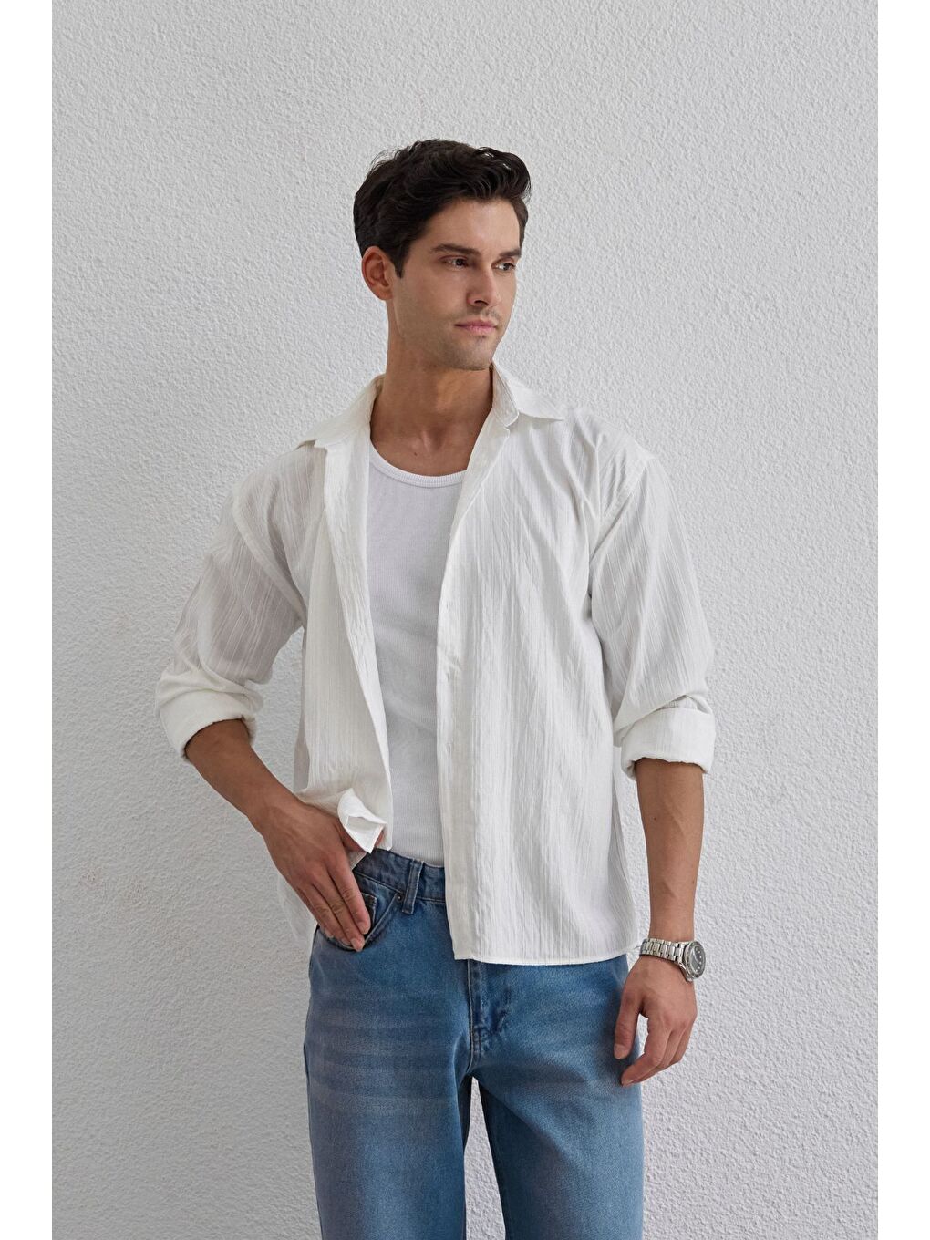 Beyaz Tugur Erkek Çizgili Oversize Premium Gömlek Soft Touch Refined Comfort-5