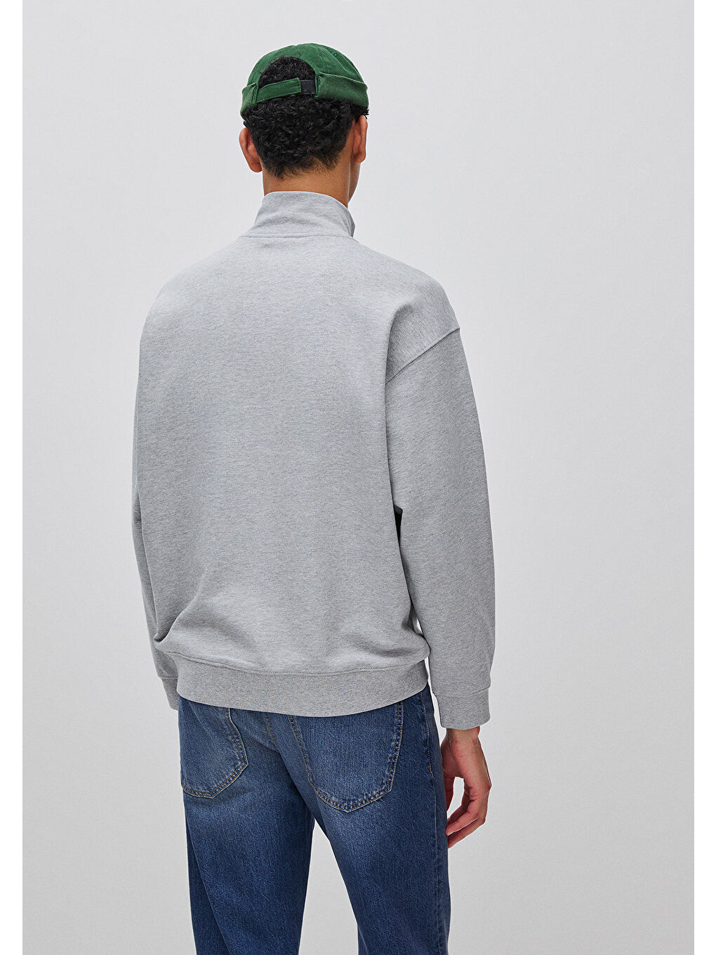 Erkek Gri Melanj  %100 Pamuk Logo Detaylı Fermuarlı Dik Yaka Sweatshirt-1