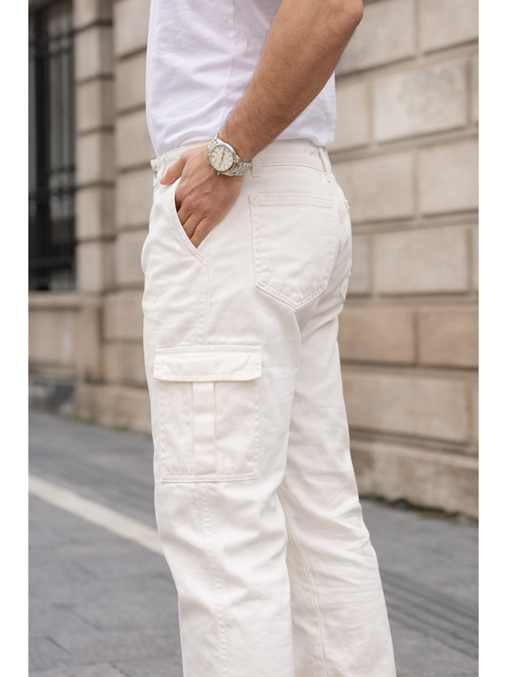 Erkek Kargo Cepli Pamuklu Beyaz Baggy Pantolon-2