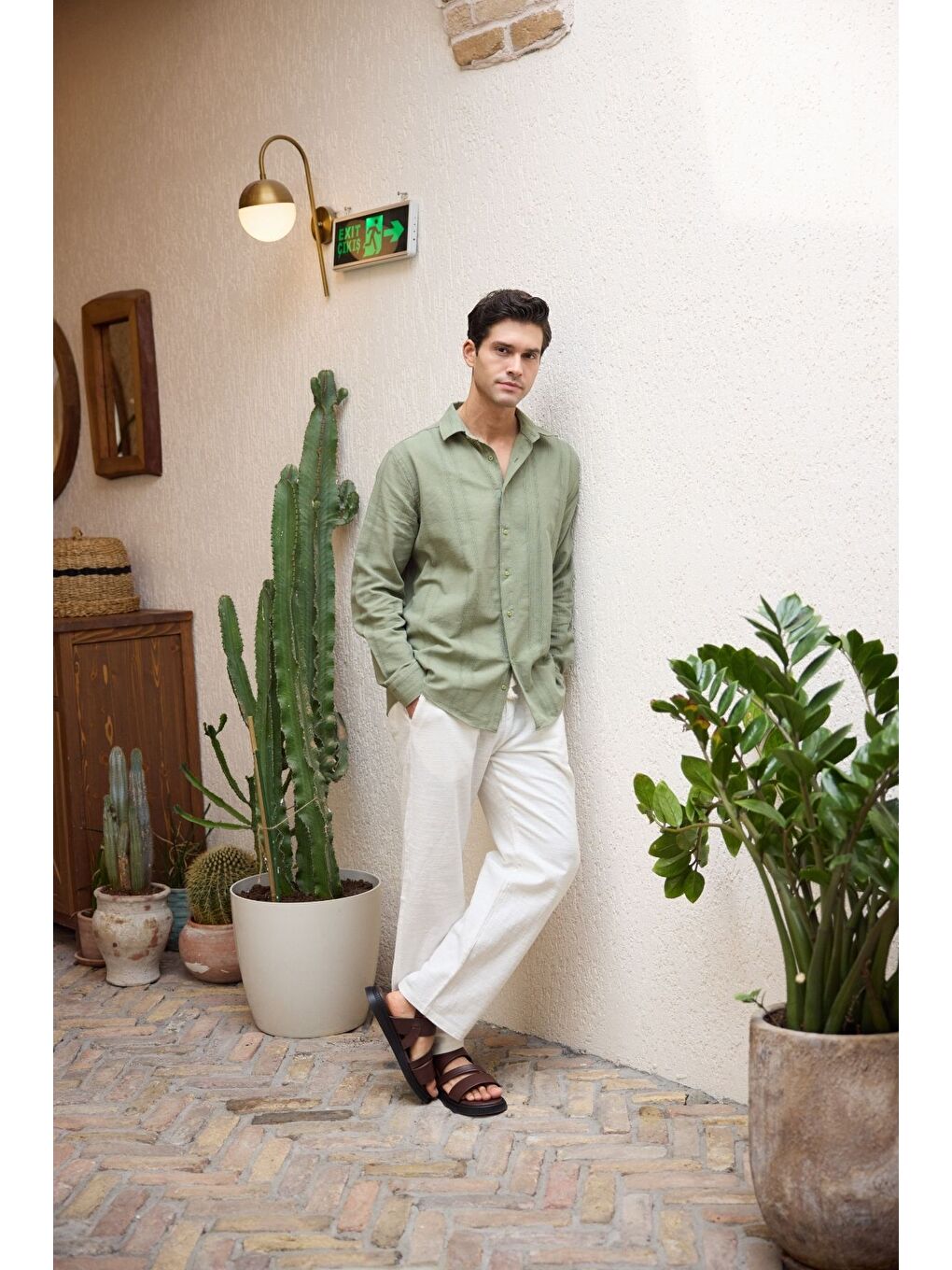 Yeşil Yuji Kendinden Desenli Keten Görünümlü Pamuk Oversize Erkek Gömlek-1