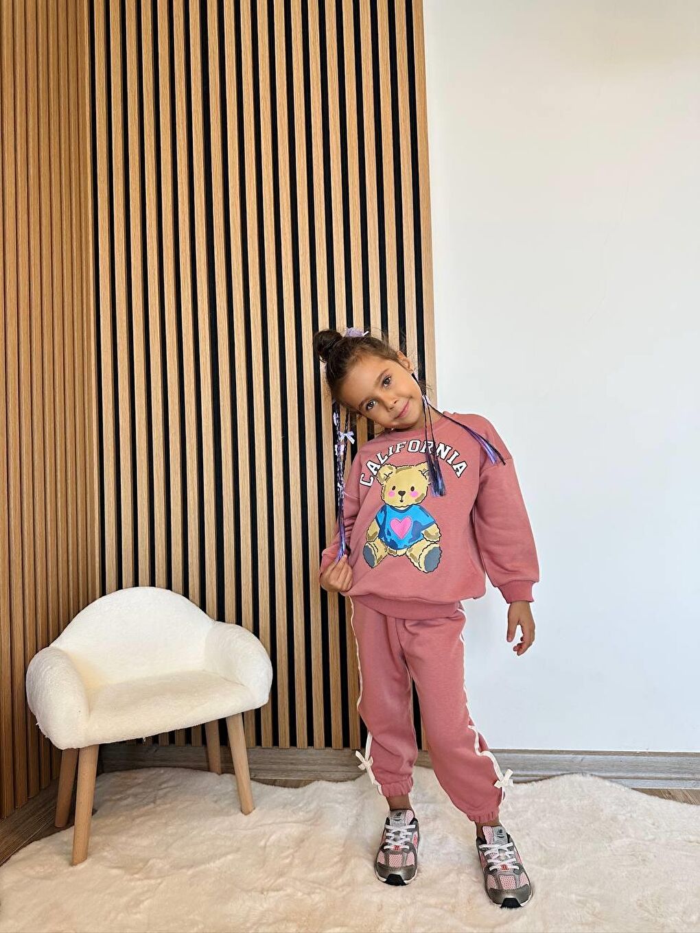 Kız Çocuk Pamuklu Ayıcık Baskılı Sweatshirt Eşofman Alt-Üst Takım - Pembe-2