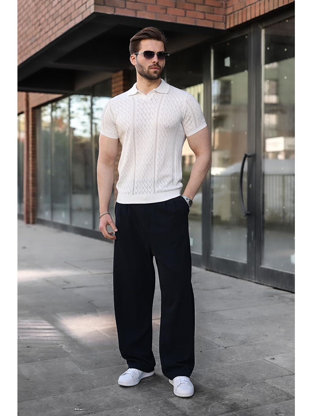 Beyaz Delikli Polo Yaka Erkek Triko Tişört E7495-1