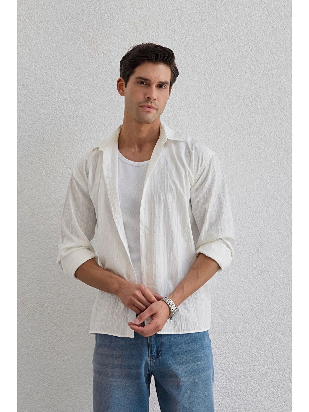 Beyaz Tugur Erkek Çizgili Oversize Premium Gömlek Soft Touch Refined Comfort-6