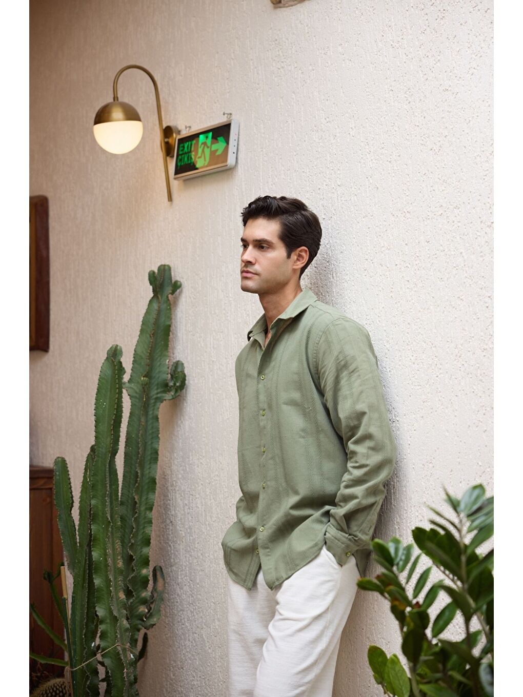 Yeşil Yuji Kendinden Desenli Keten Görünümlü Pamuk Oversize Erkek Gömlek-2