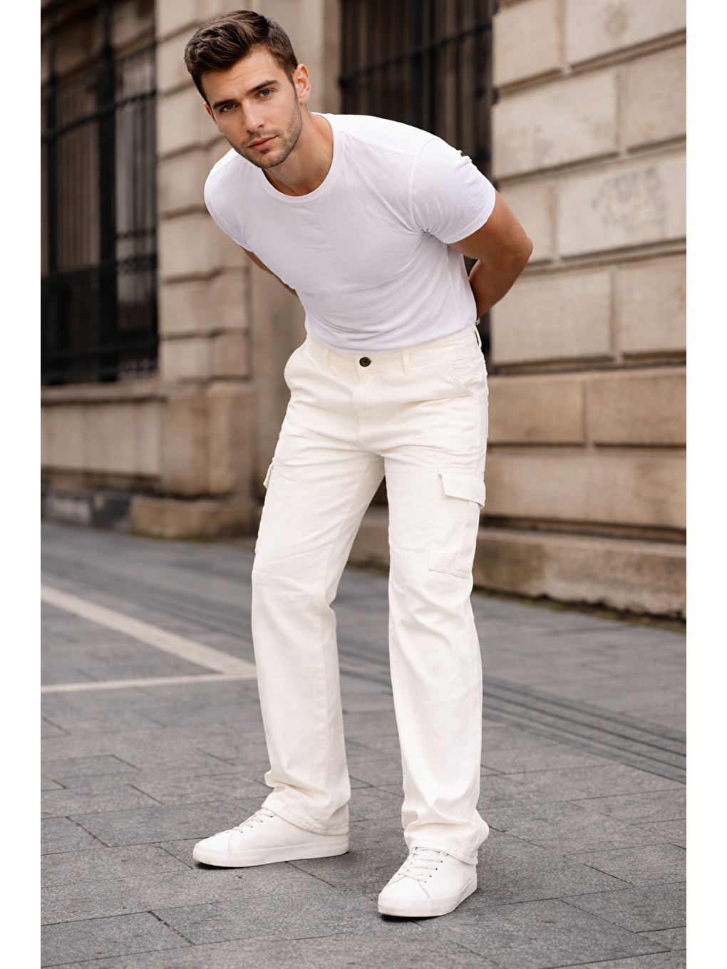 Erkek Kargo Cepli Pamuklu Beyaz Baggy Pantolon-3