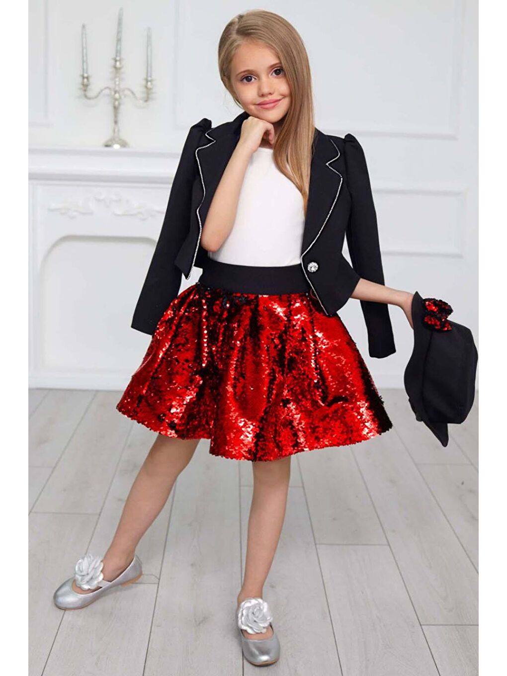 Kız Çocuk Kruvaze Yaka Kenarlar Taş Şerit İşlemeli Ceket Kırmızı Pullu Etekli Takım-1