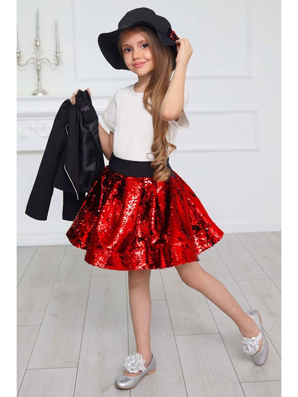 Kız Çocuk Kruvaze Yaka Kenarlar Taş Şerit İşlemeli Ceket Kırmızı Pullu Etekli Takım-2