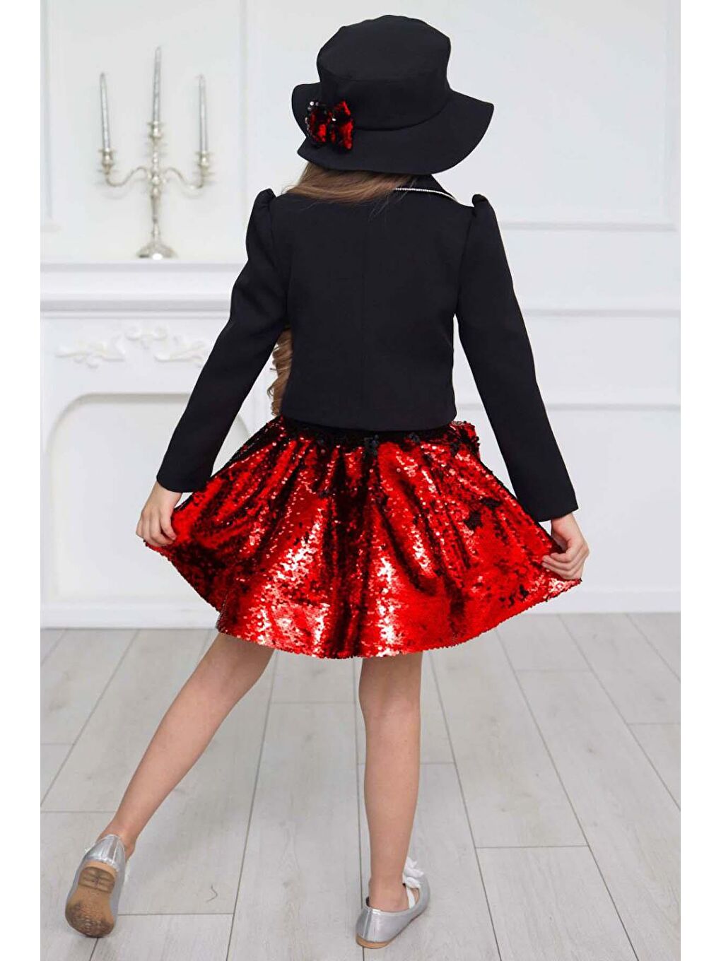 Kız Çocuk Kruvaze Yaka Kenarlar Taş Şerit İşlemeli Ceket Kırmızı Pullu Etekli Takım-3