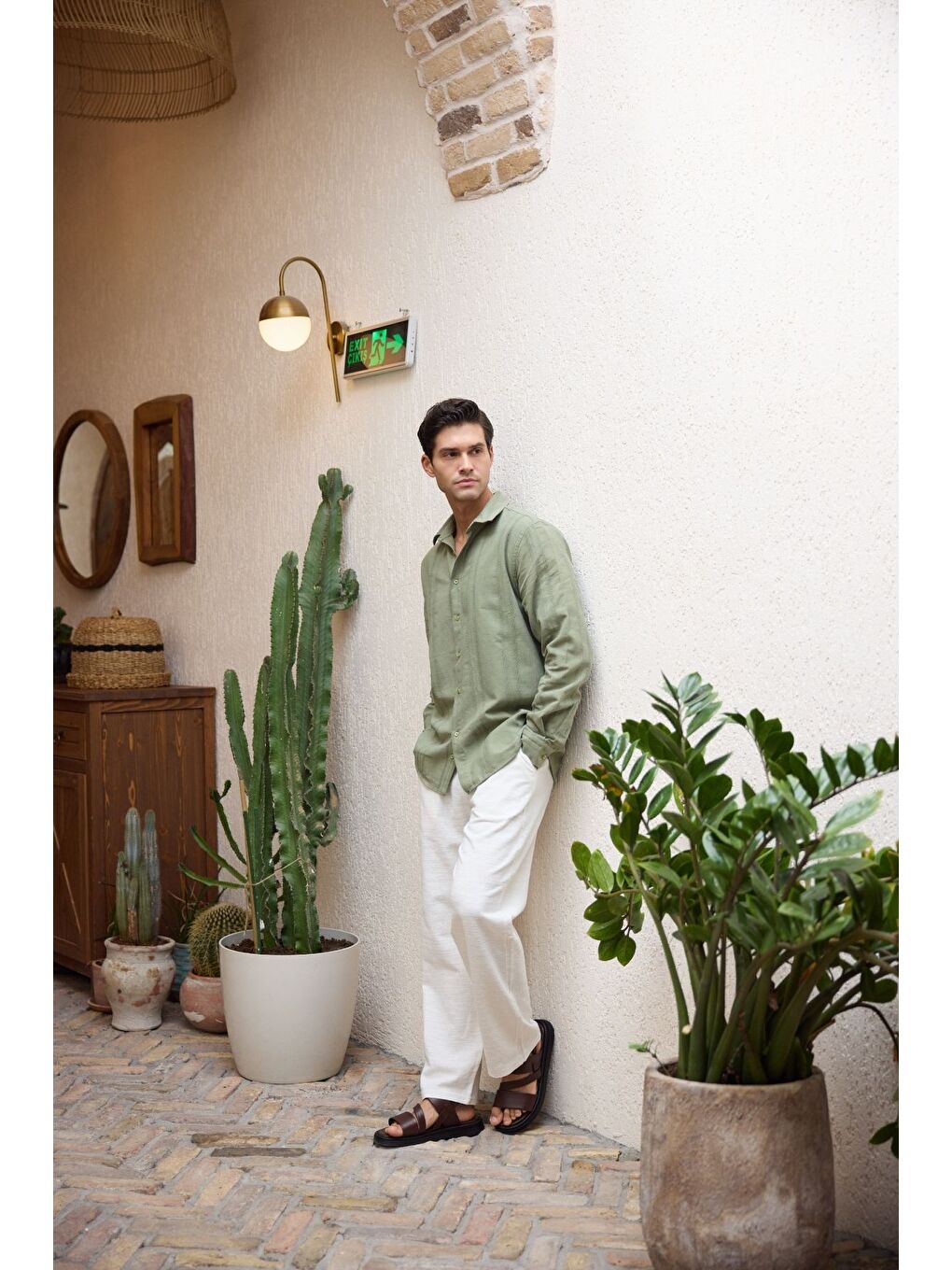Yeşil Yuji Kendinden Desenli Keten Görünümlü Pamuk Oversize Erkek Gömlek-3