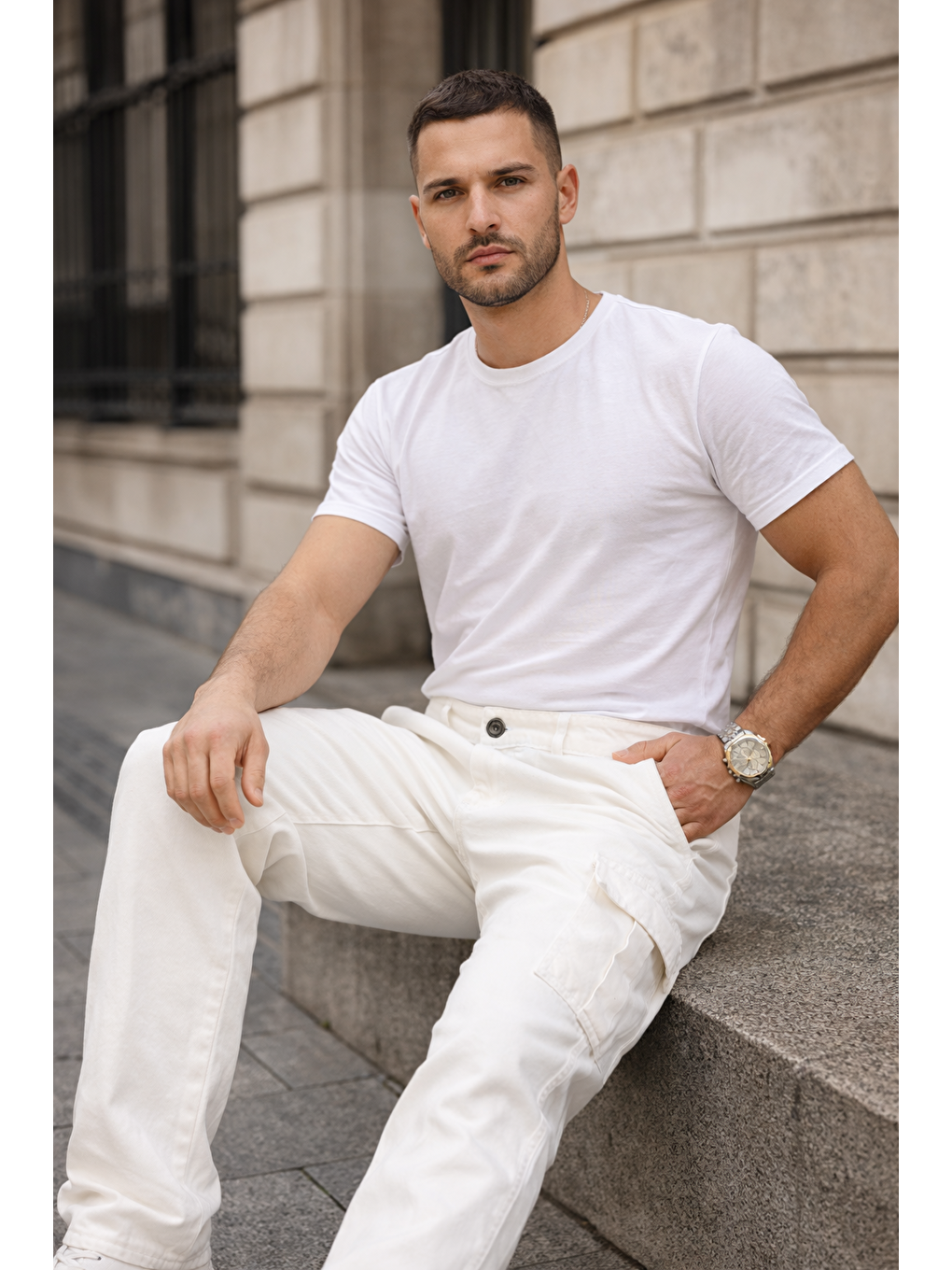 Erkek Kargo Cepli Pamuklu Beyaz Baggy Pantolon-4