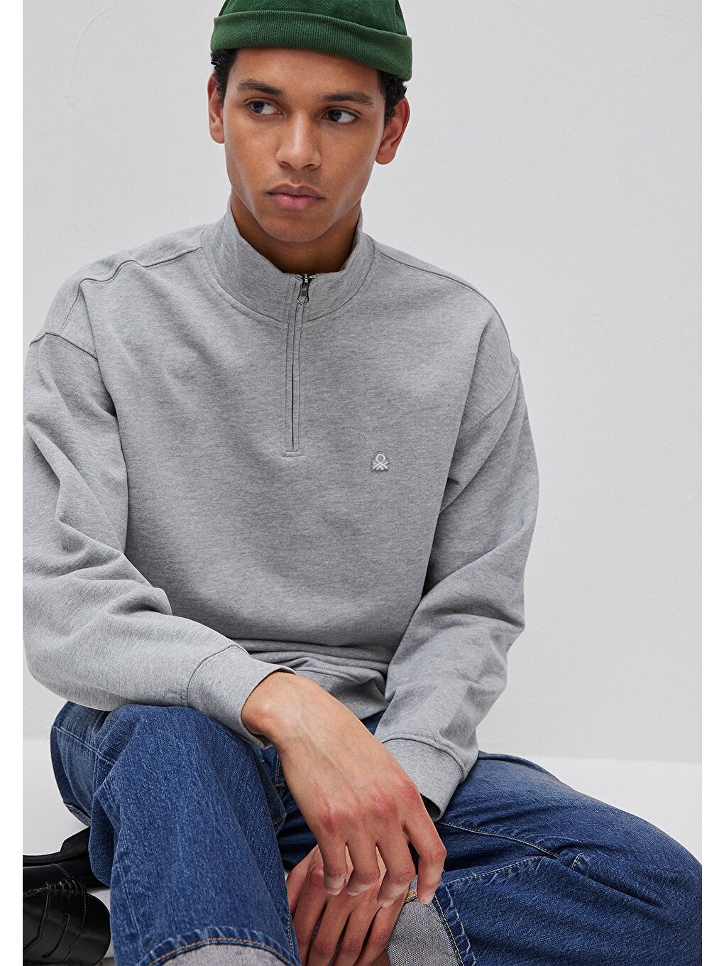 Erkek Gri Melanj  %100 Pamuk Logo Detaylı Fermuarlı Dik Yaka Sweatshirt-2