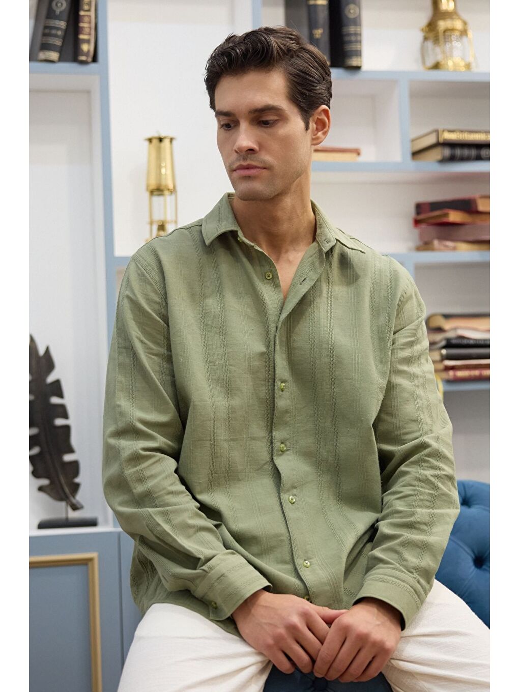 Yeşil Yuji Kendinden Desenli Keten Görünümlü Pamuk Oversize Erkek Gömlek-4