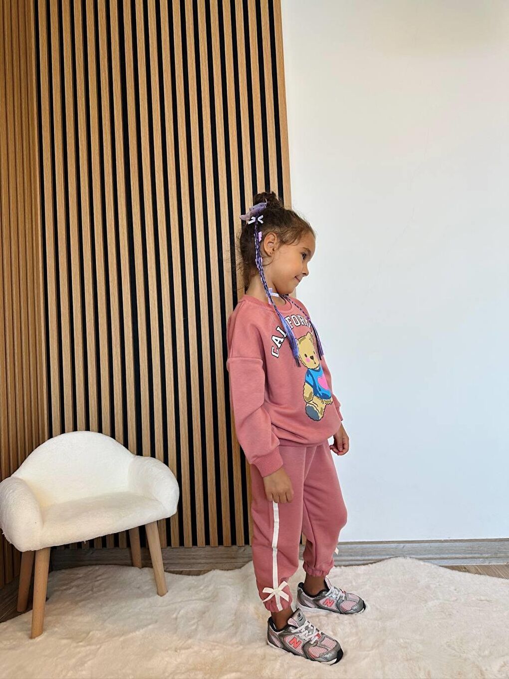Kız Çocuk Pamuklu Ayıcık Baskılı Sweatshirt Eşofman Alt-Üst Takım - Pembe-3
