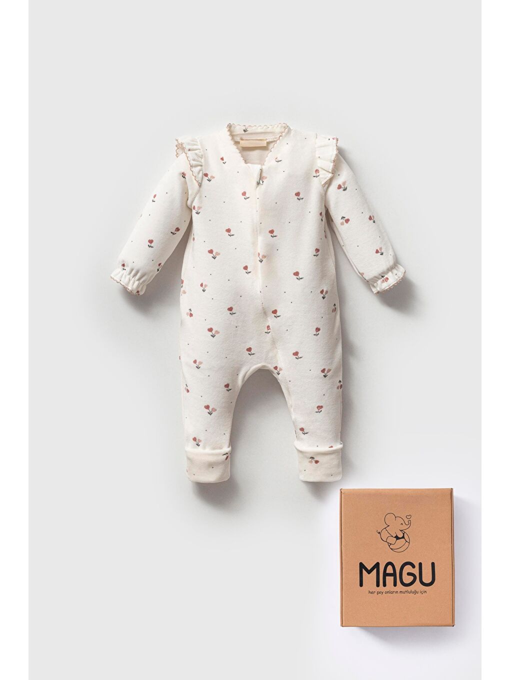 Kız Bebek Organik Pamuklu Ekru Çiçek Desenli Fırfır Kollu Tulum - Rahat Ve Şirin