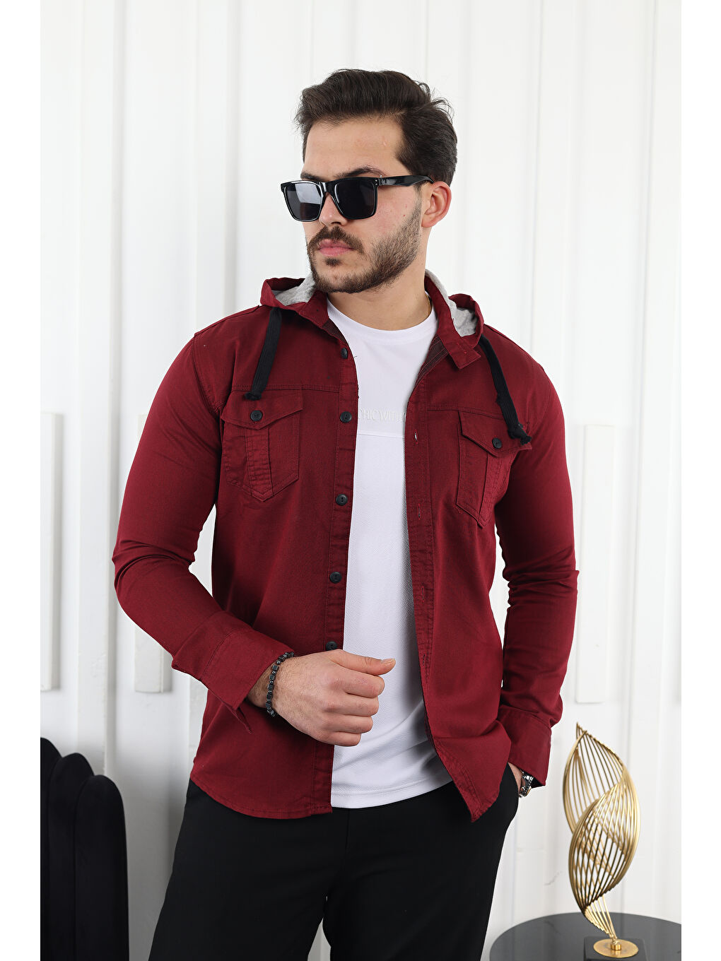 Bordo Erkek Slim Fit Dar Kalıp Kapüşonlu Jean Gömlek
