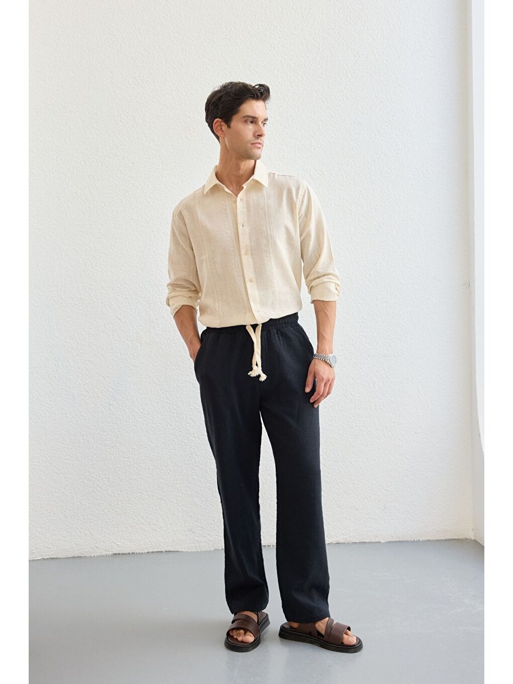 Lacivert Abay Erkek Keten İpli Baggy Pantolon-1